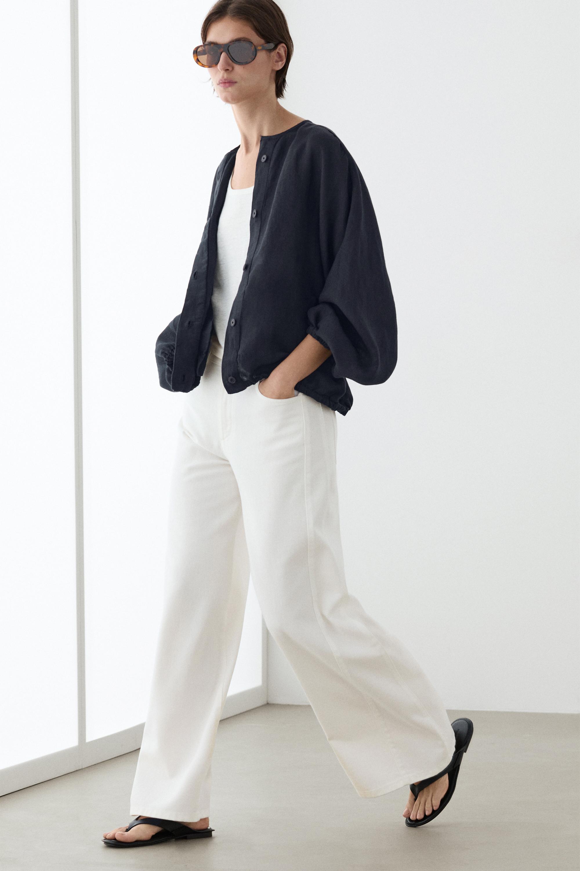 100% linen puff bomber jacket — DARK BLUE