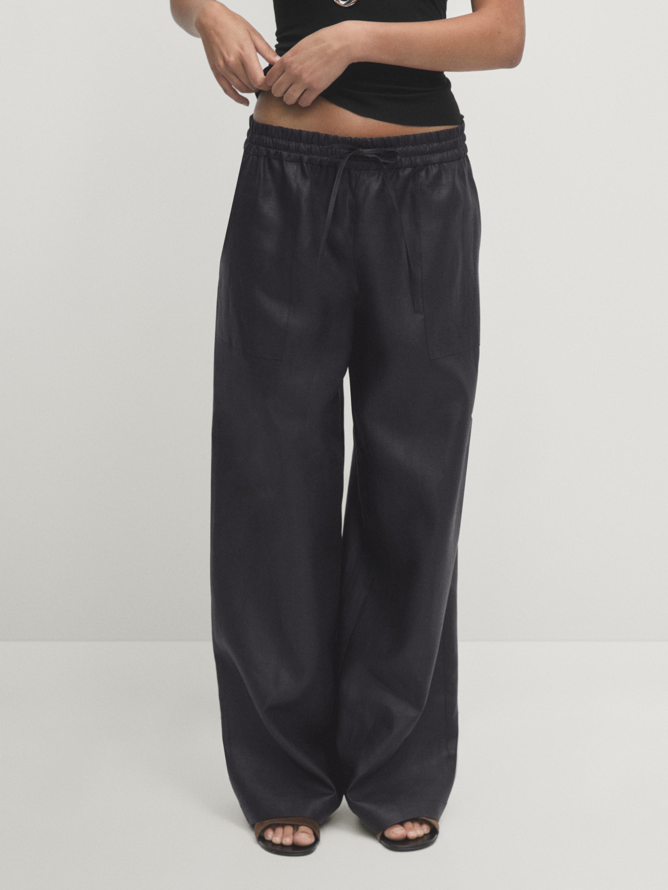 Waxed 100% linen wide-leg jogger trousers