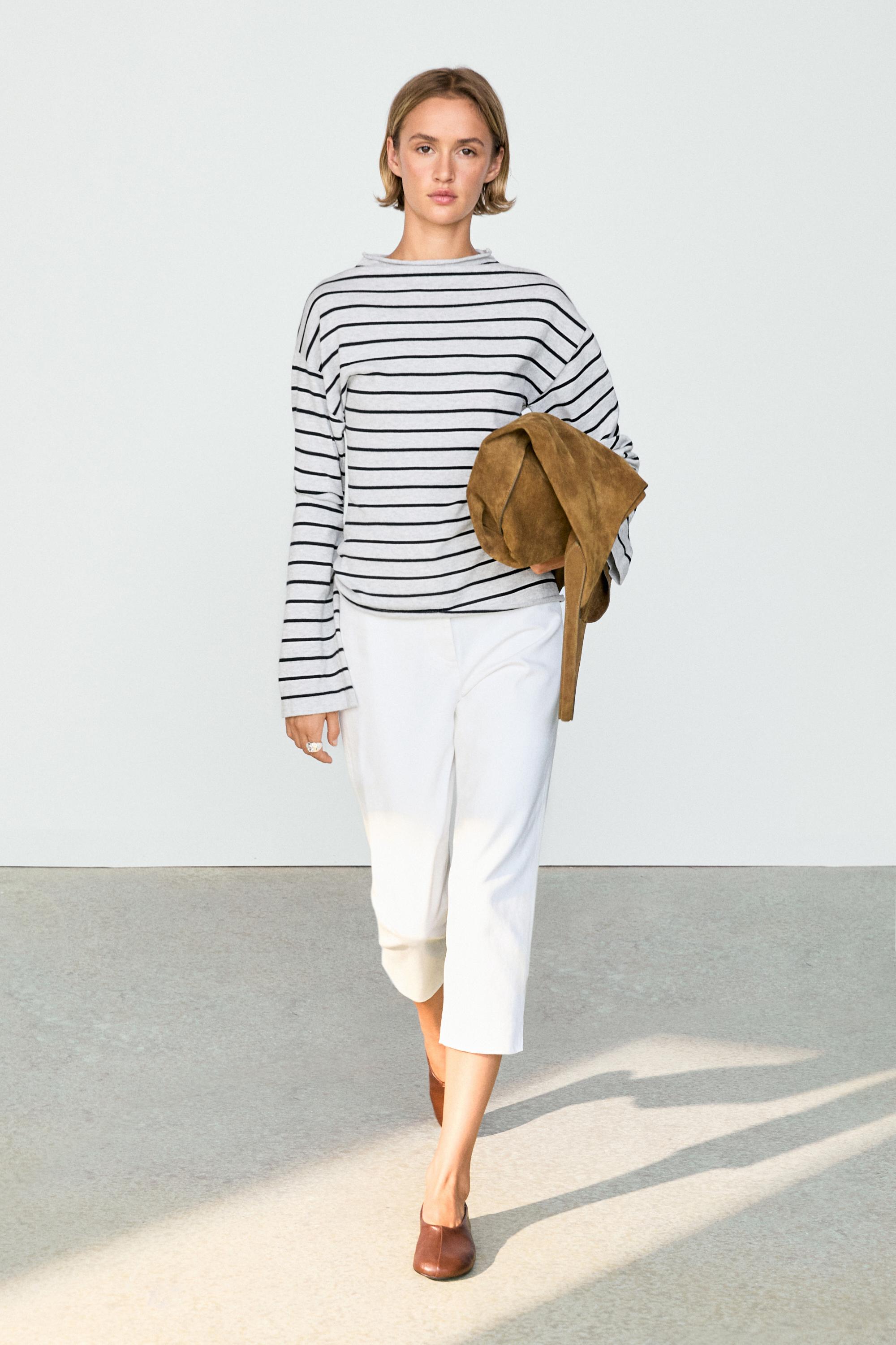 100% cotton striped knit sweater — GREY MARL