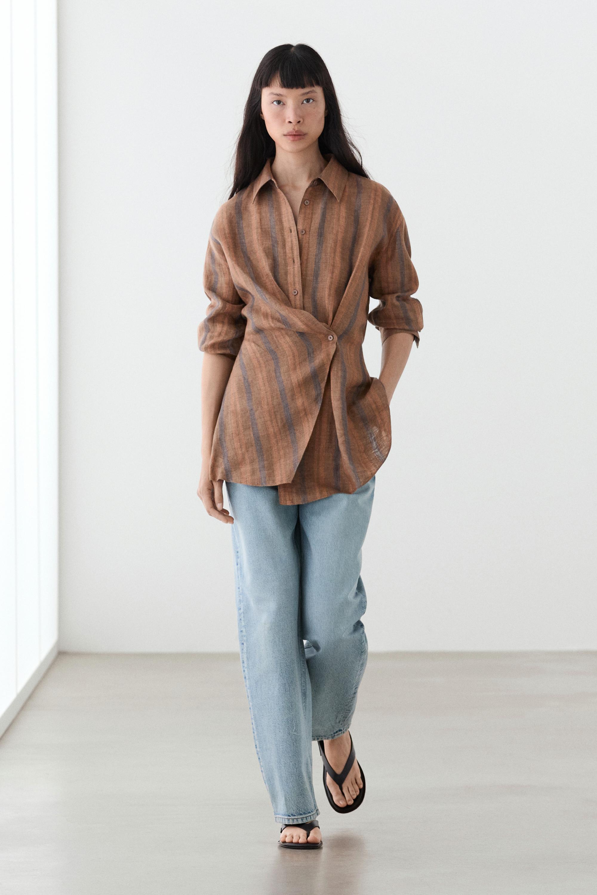 100% linen striped crossover shirt