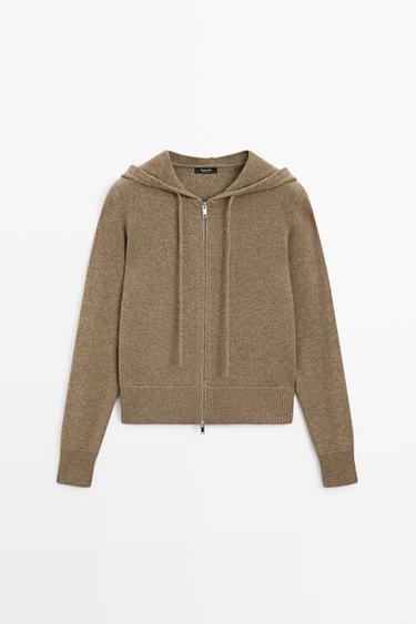 Wool blend hooded knit cardigan — GREENISH 2