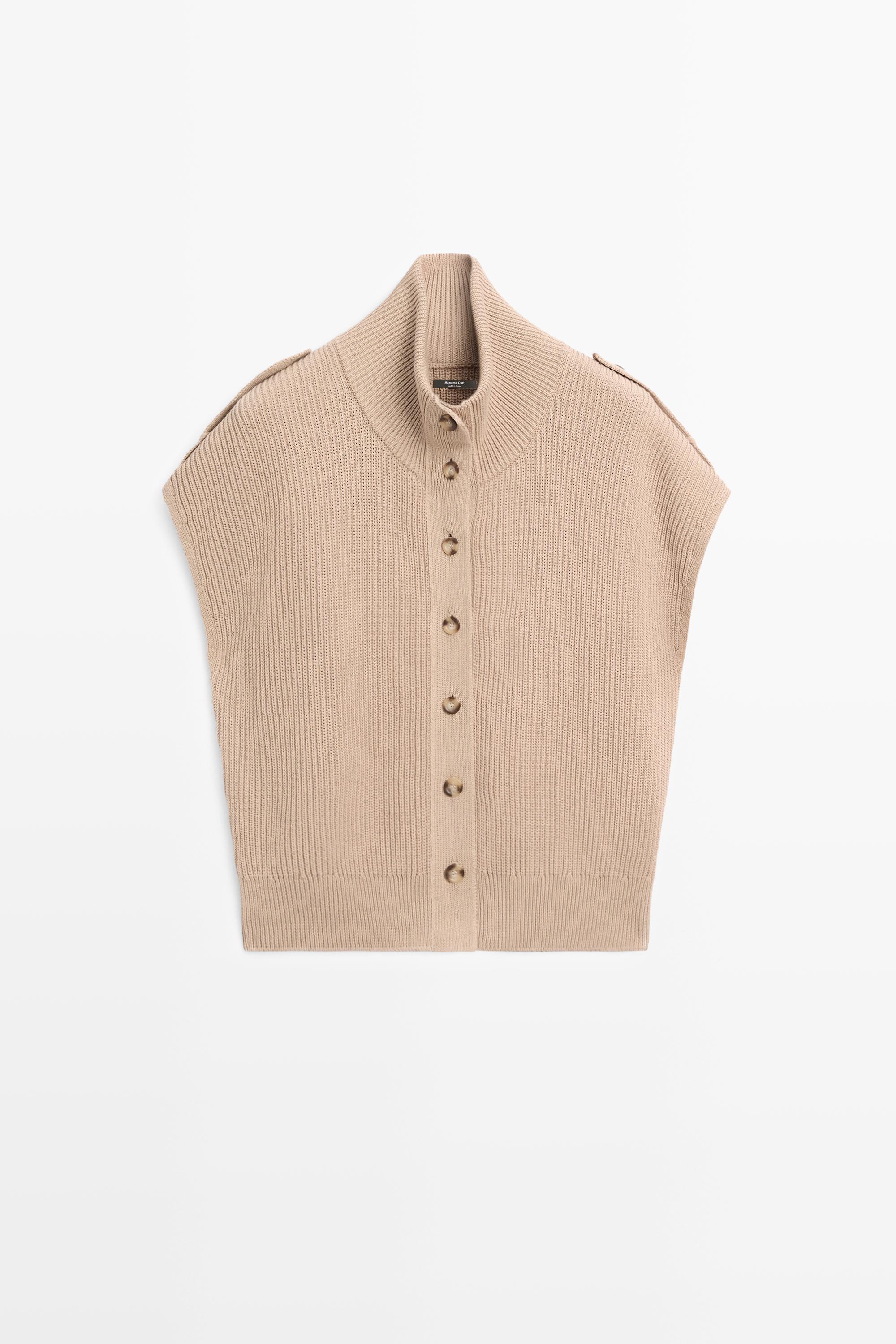 100% cotton button-detail knit vest — CAMEL