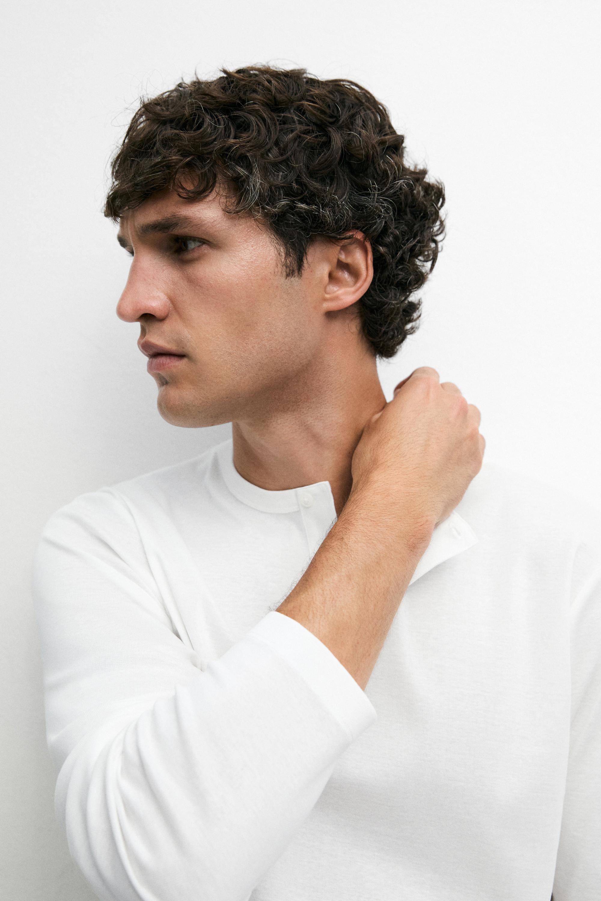 100% cotton long sleeve henley T-shirt — WHITE
