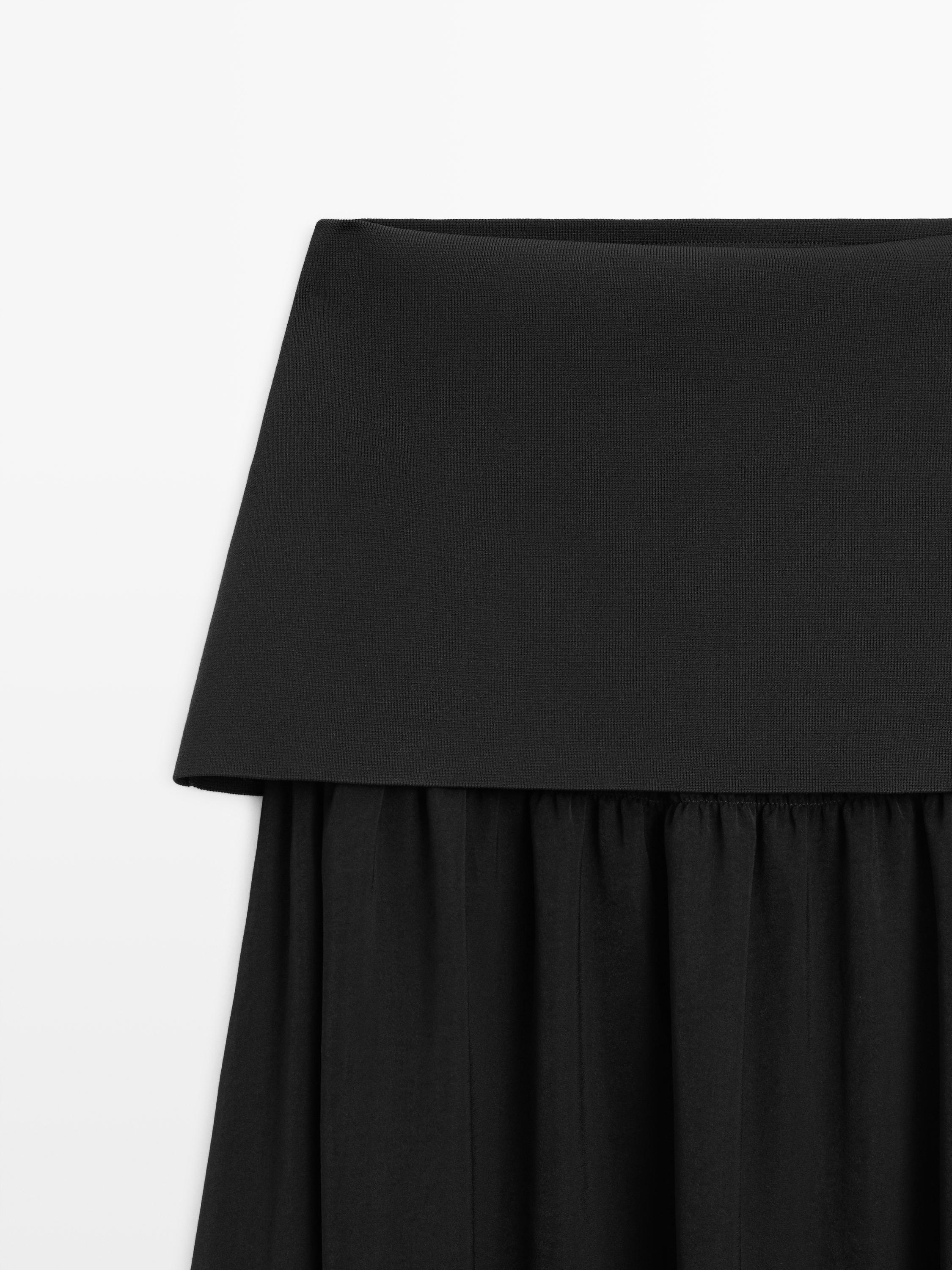 Flowing contrast midi skirt — BLACK