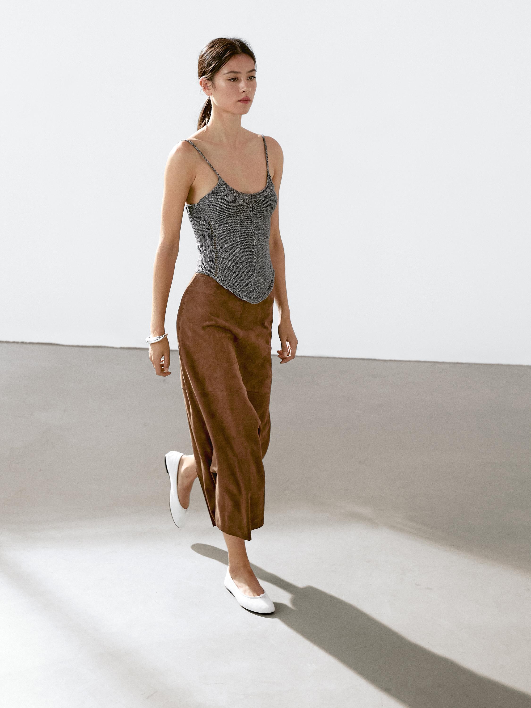 Suede leather midi skirt