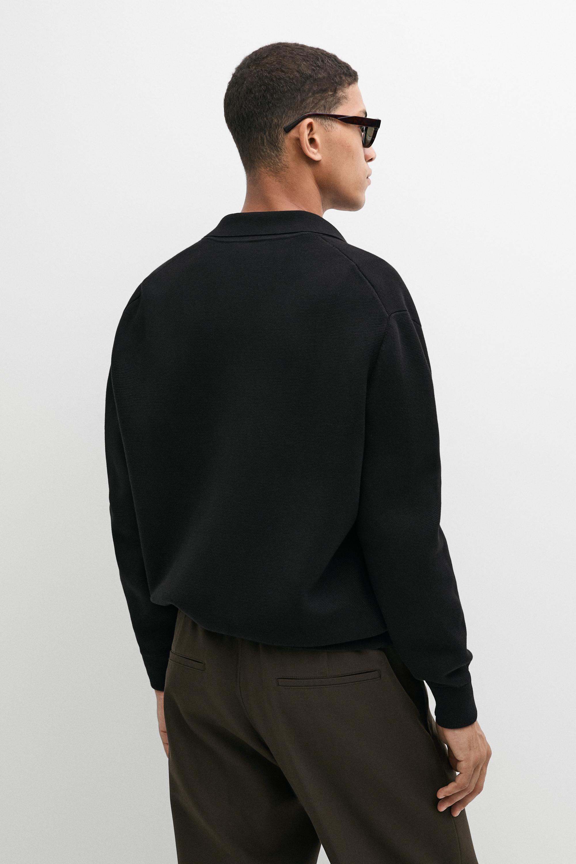 100% cotton knit polo collar cardigan — BLACK