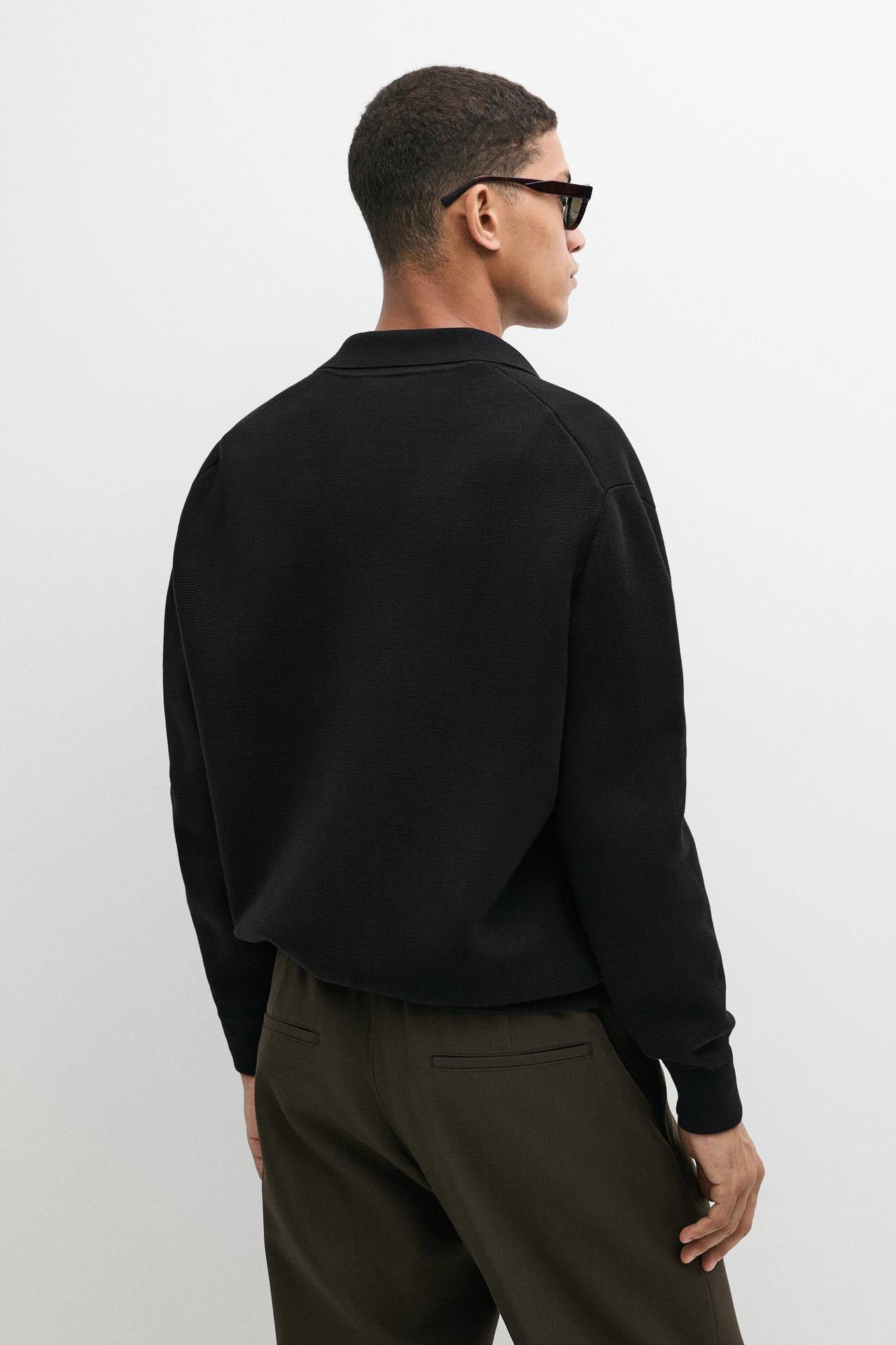 100% cotton knit polo collar cardigan — BLACK