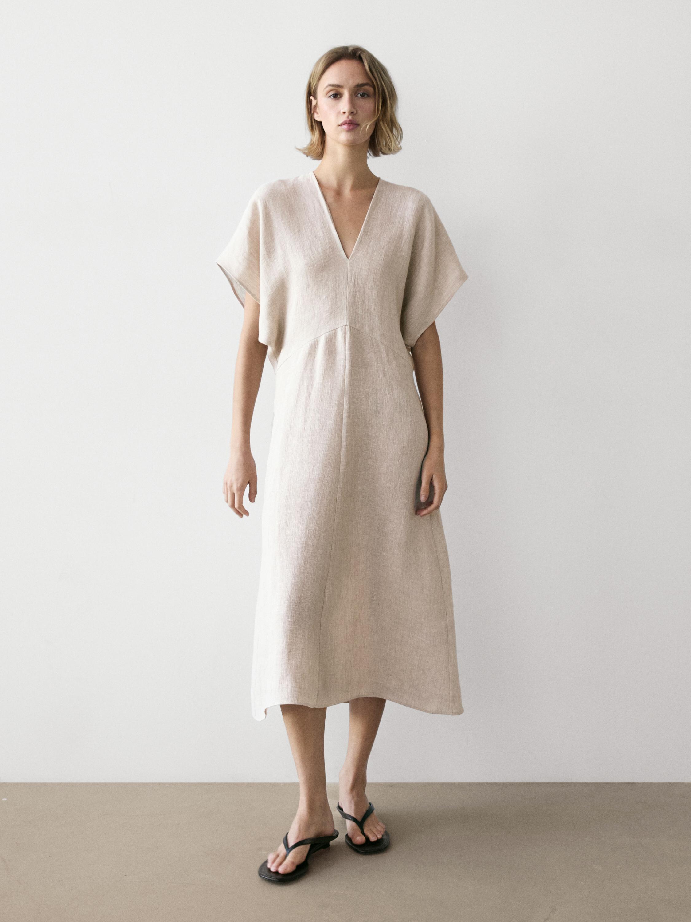 Lightweight short sleeve linen midi dress