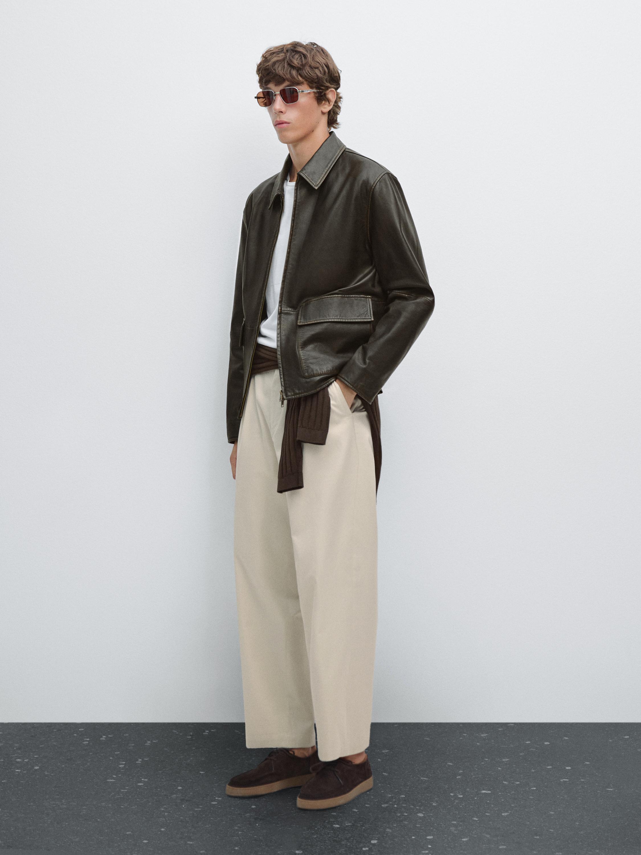 Blouson court en cuir nappa effet usé