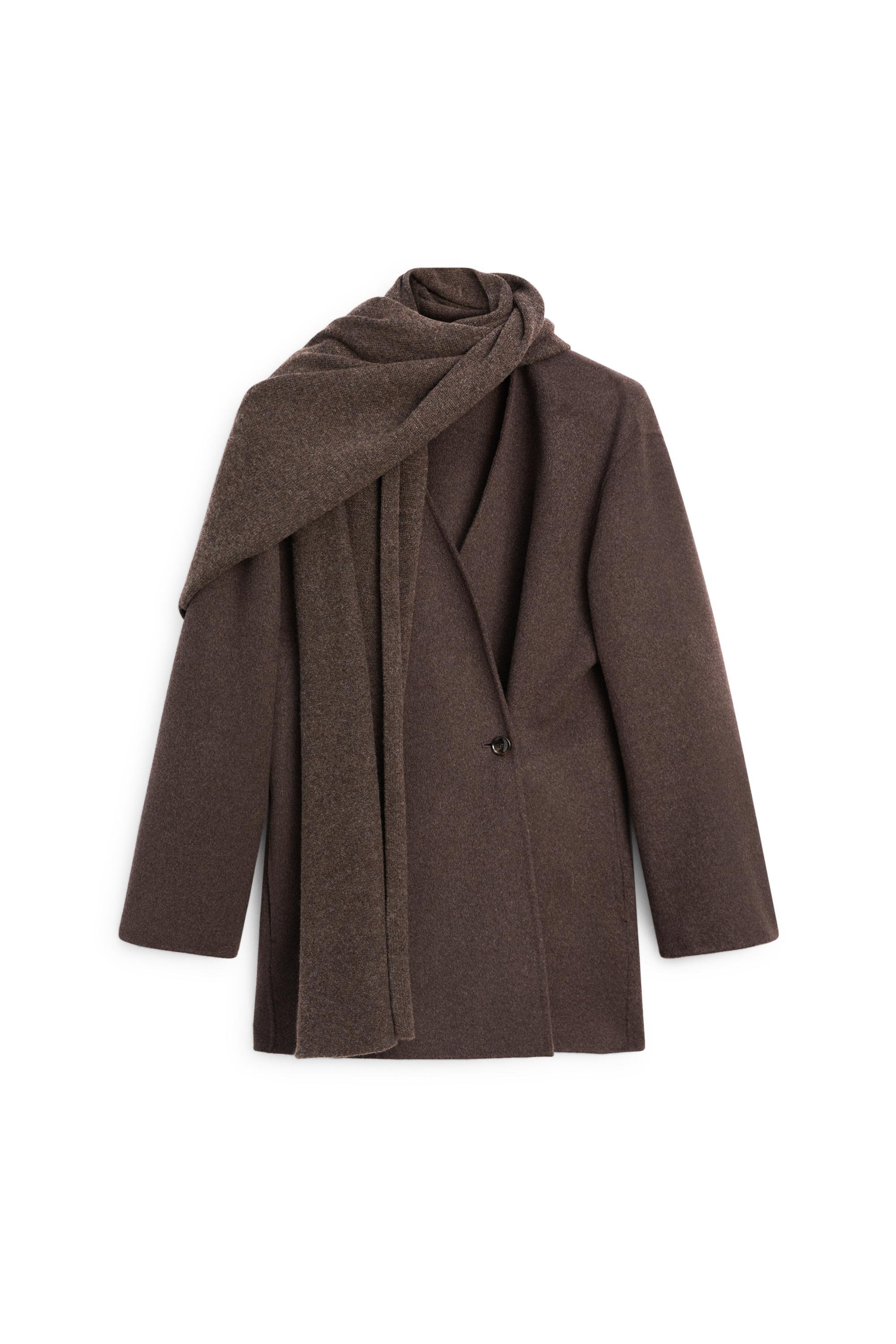 Wool-blend coat with scarf detail — BROWN