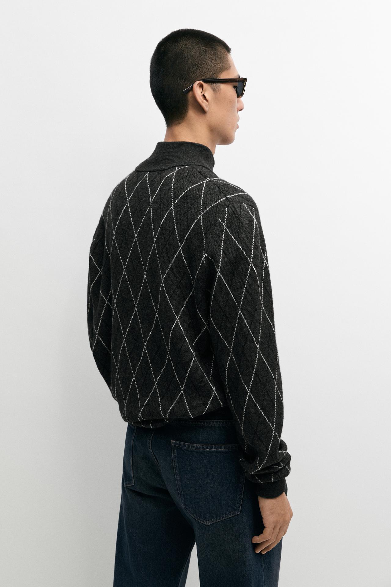 Wool blend argyle knit cardigan — CHARCOAL