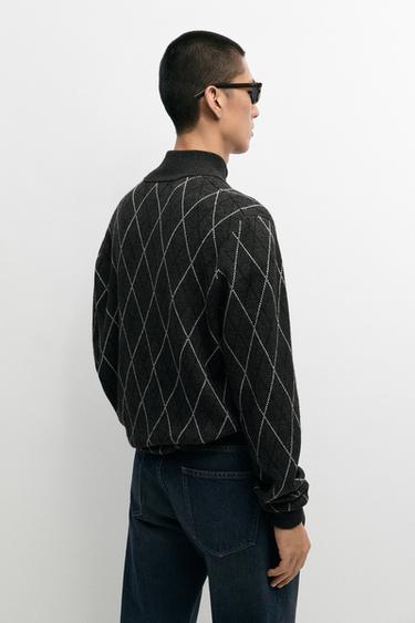 Wool blend argyle knit cardigan — CHARCOAL 5