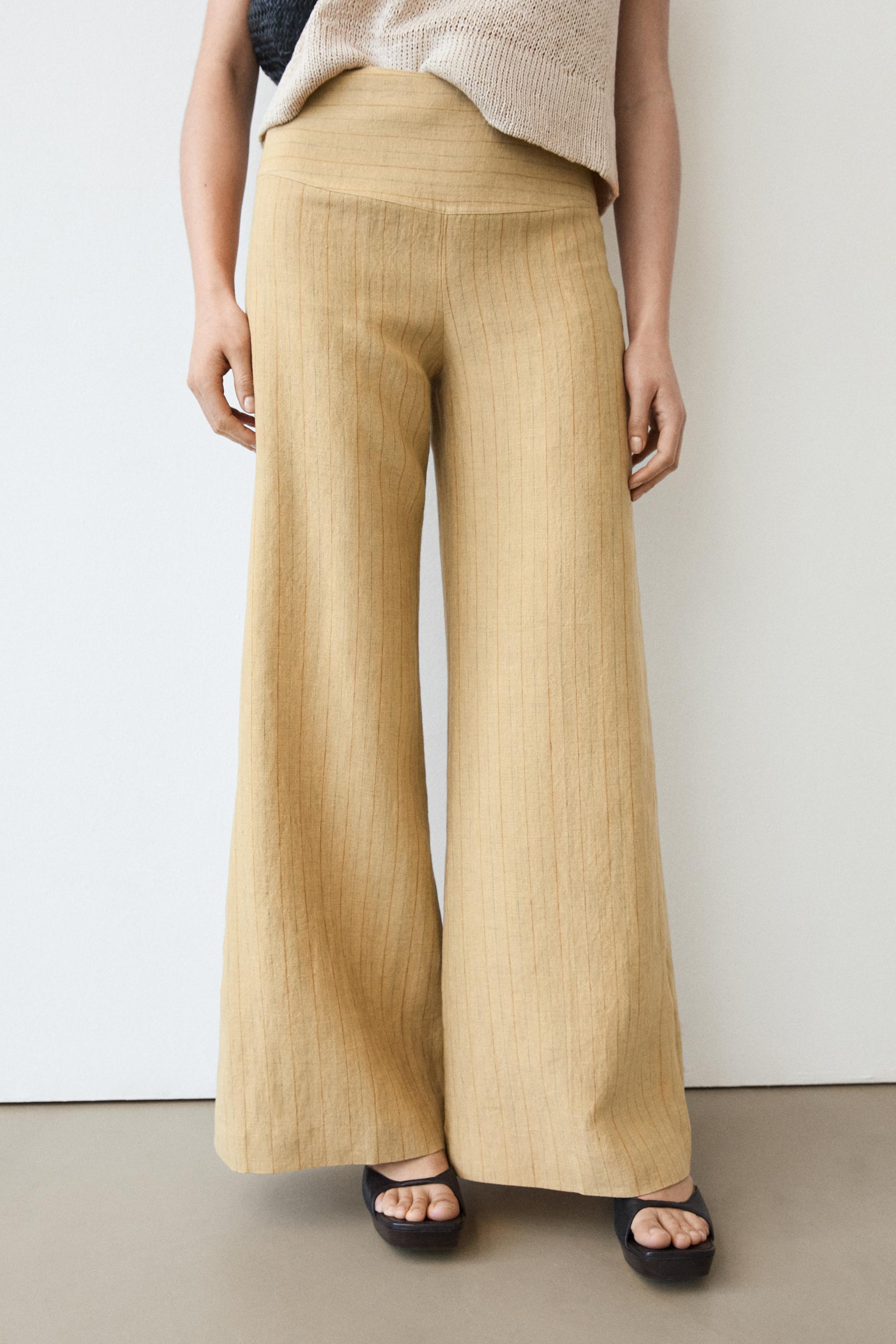 100% linen mid-waist flare pants — SAND