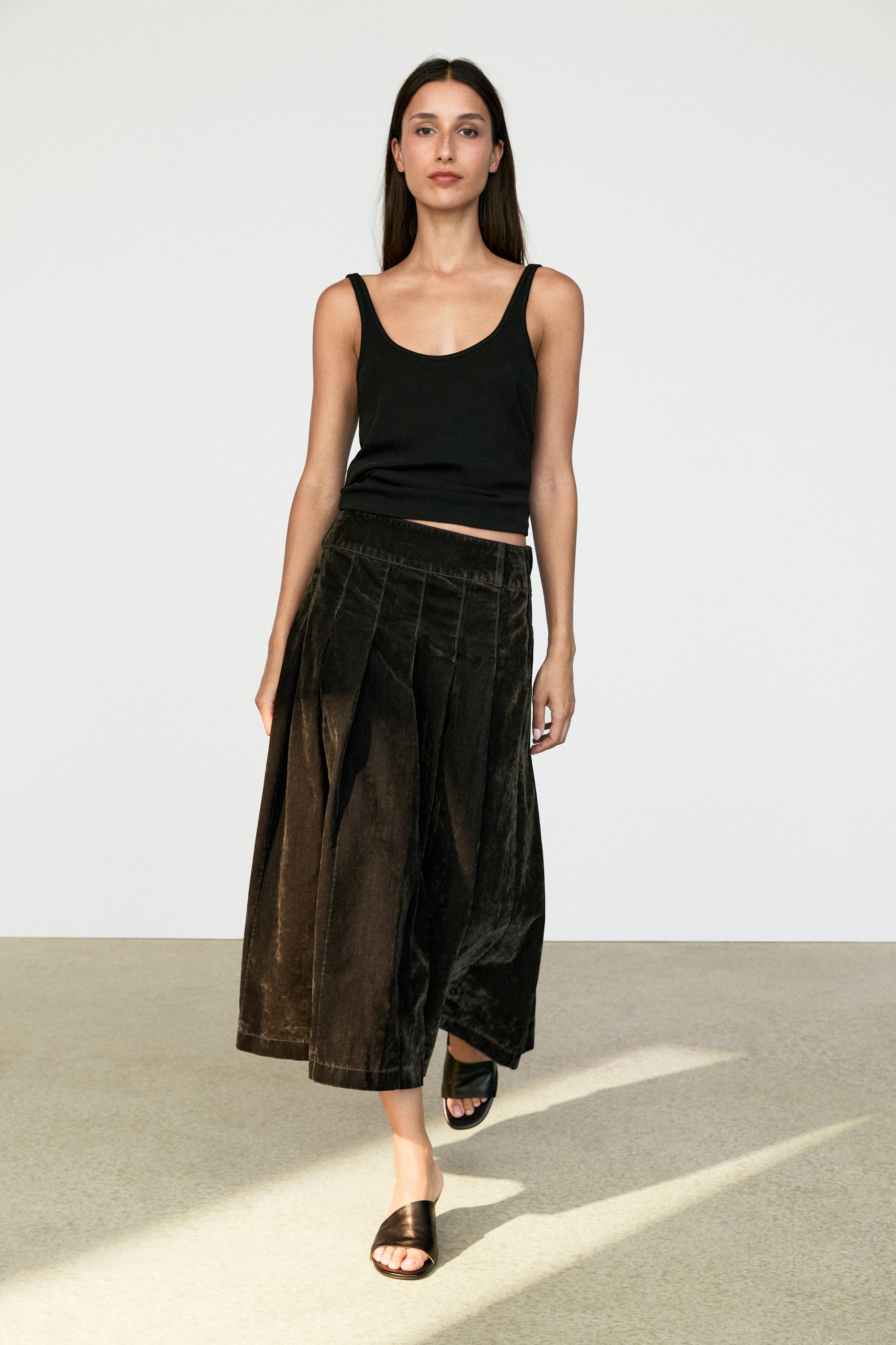 Flocked denim midi skirt with box pleats — KHAKI