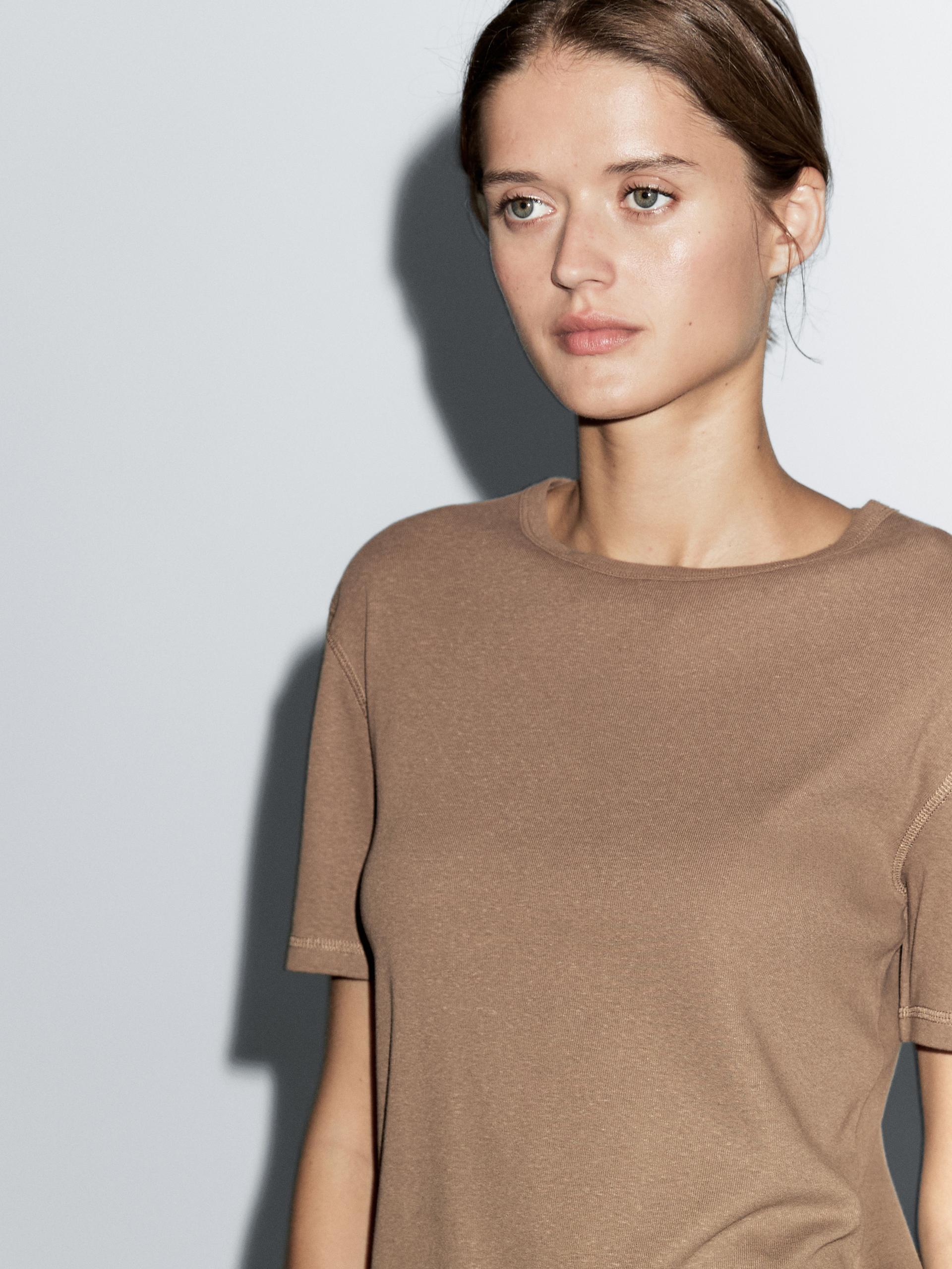 Koszulka Ze 100% Bawełny Z Efektem Sprania - Jasnobeżowy - S - Massimo Dutti - Kobieta
