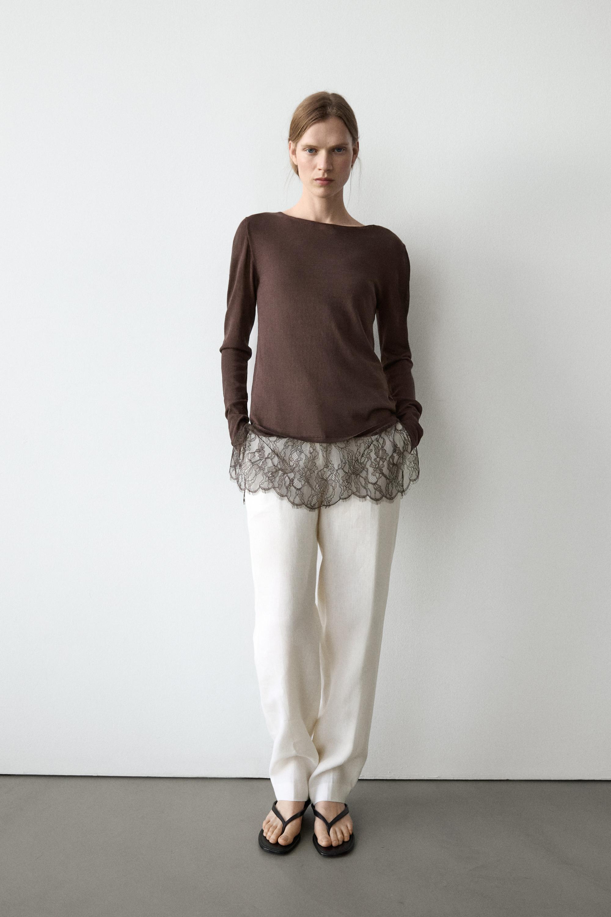 Long sleeve T-shirt with lace detail — BROWN