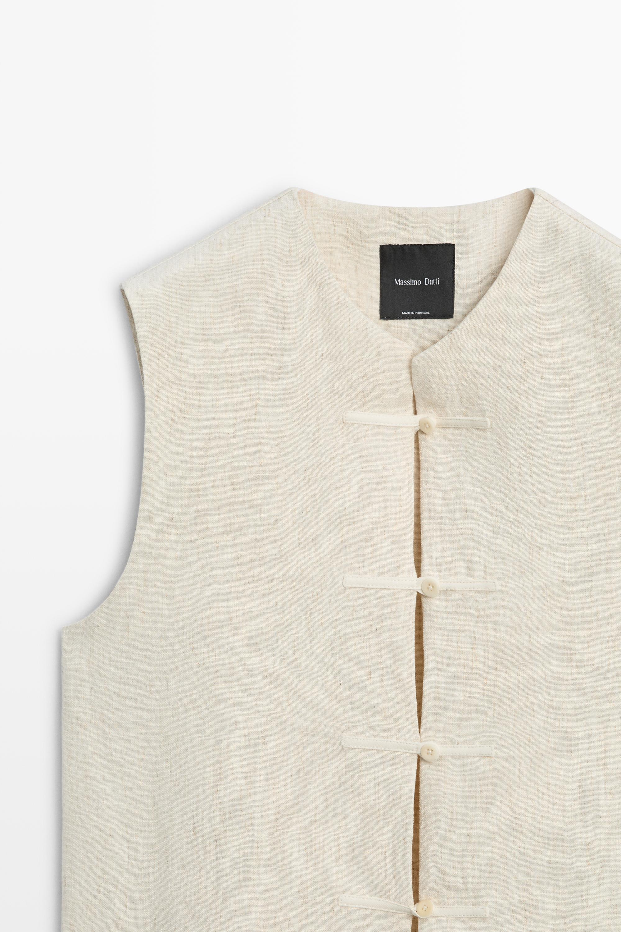 Linen blend button-detail vest — SAND