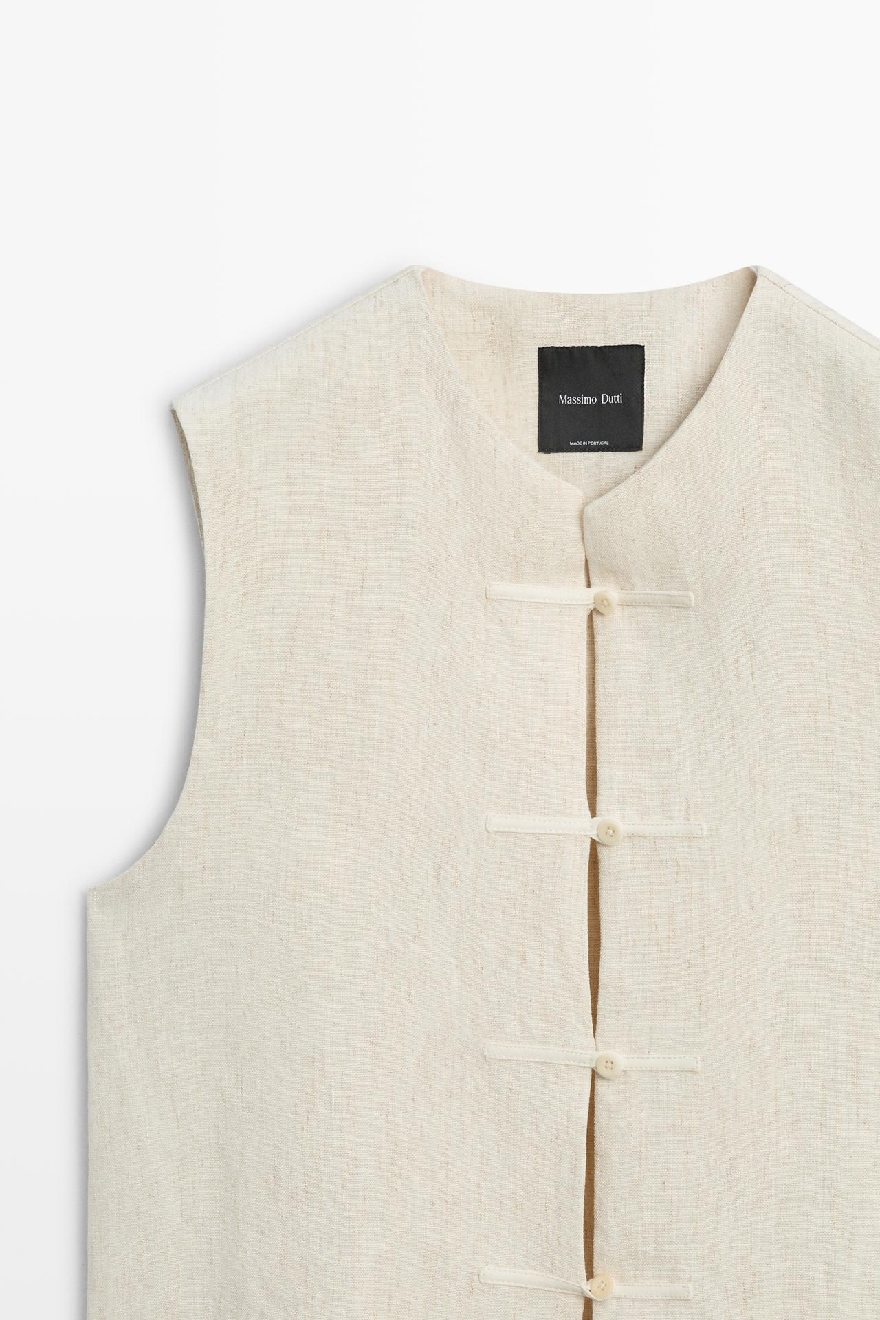 Linen blend button-detail vest — SAND