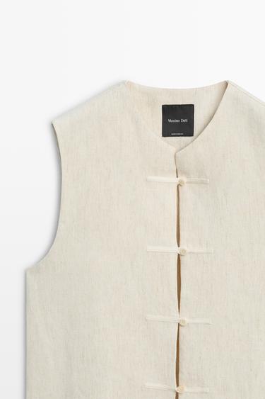 Linen blend button-detail vest — SAND 4