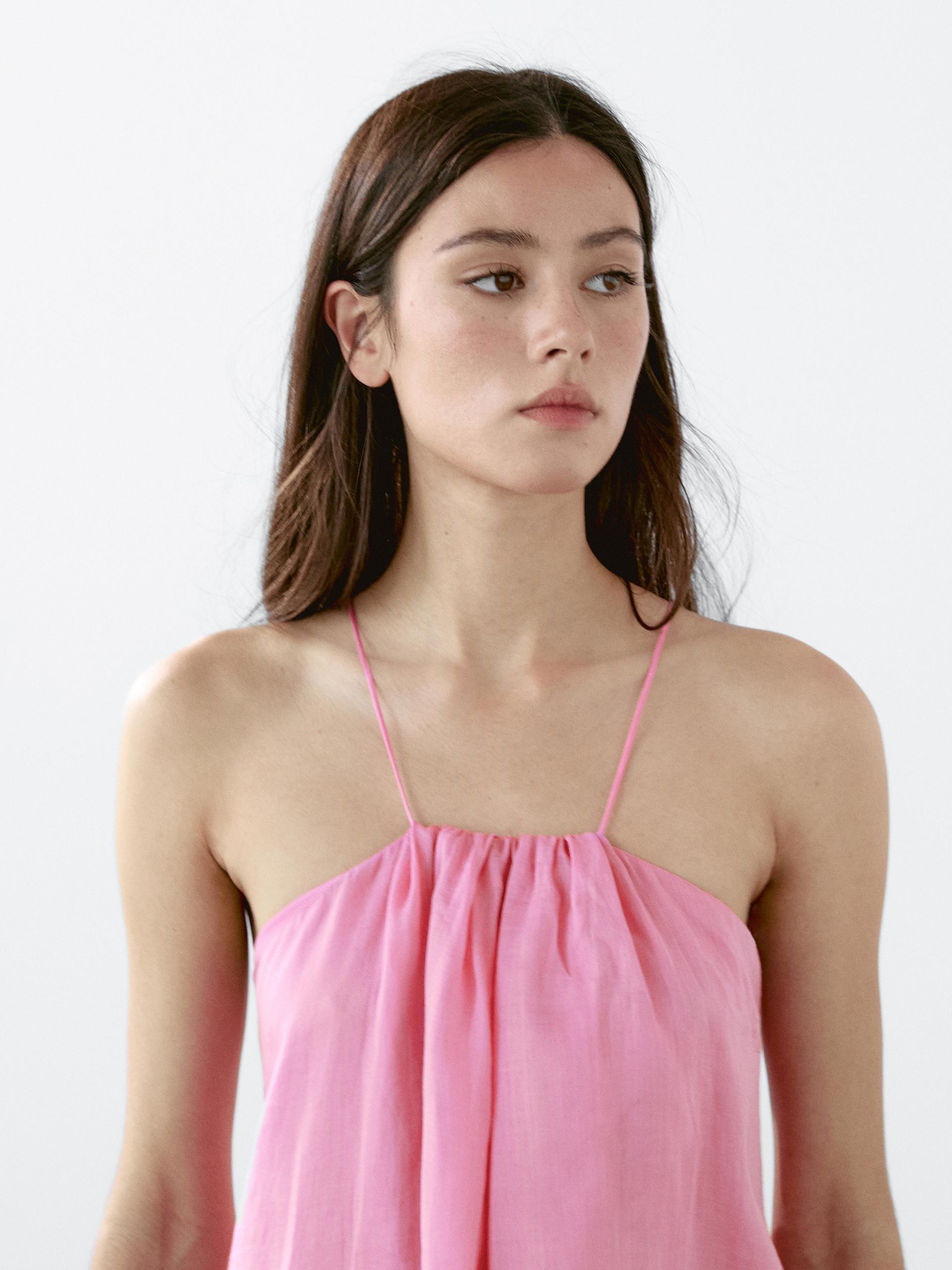 Vestito Lungo Con Collo Halter Arricciato - Rosa - L - Massimo Dutti - Femminile