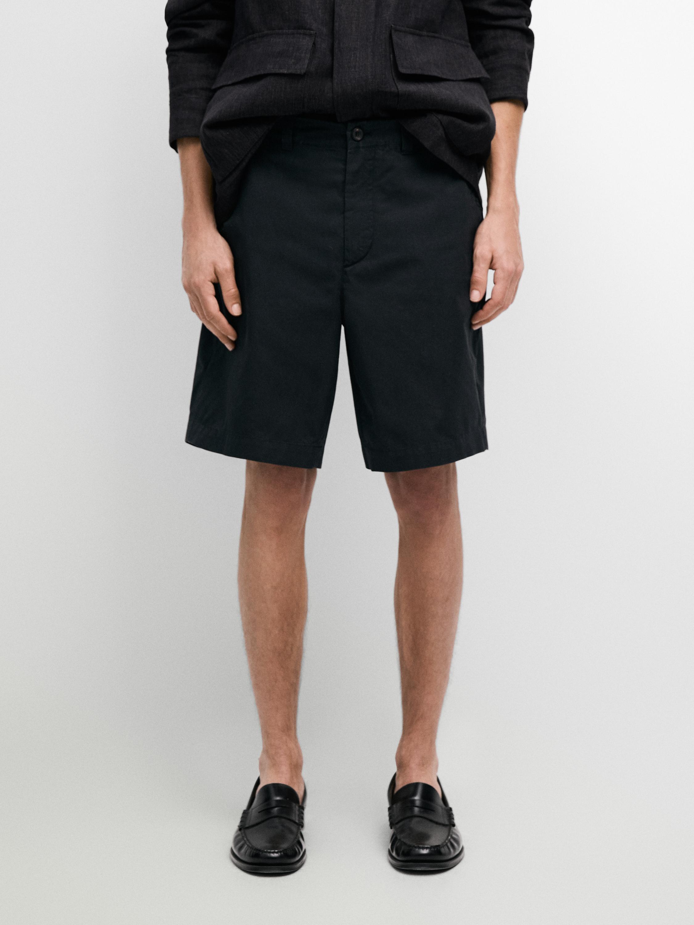 Cotton Bermuda shorts with waist detail — NAVY BLUE