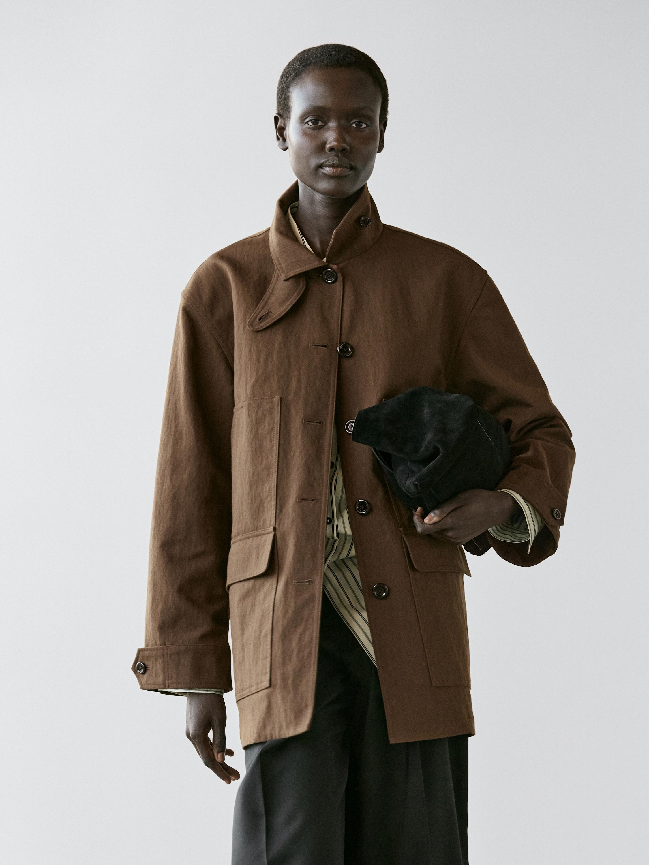 Cotton blend jacket with pockets — BROWN