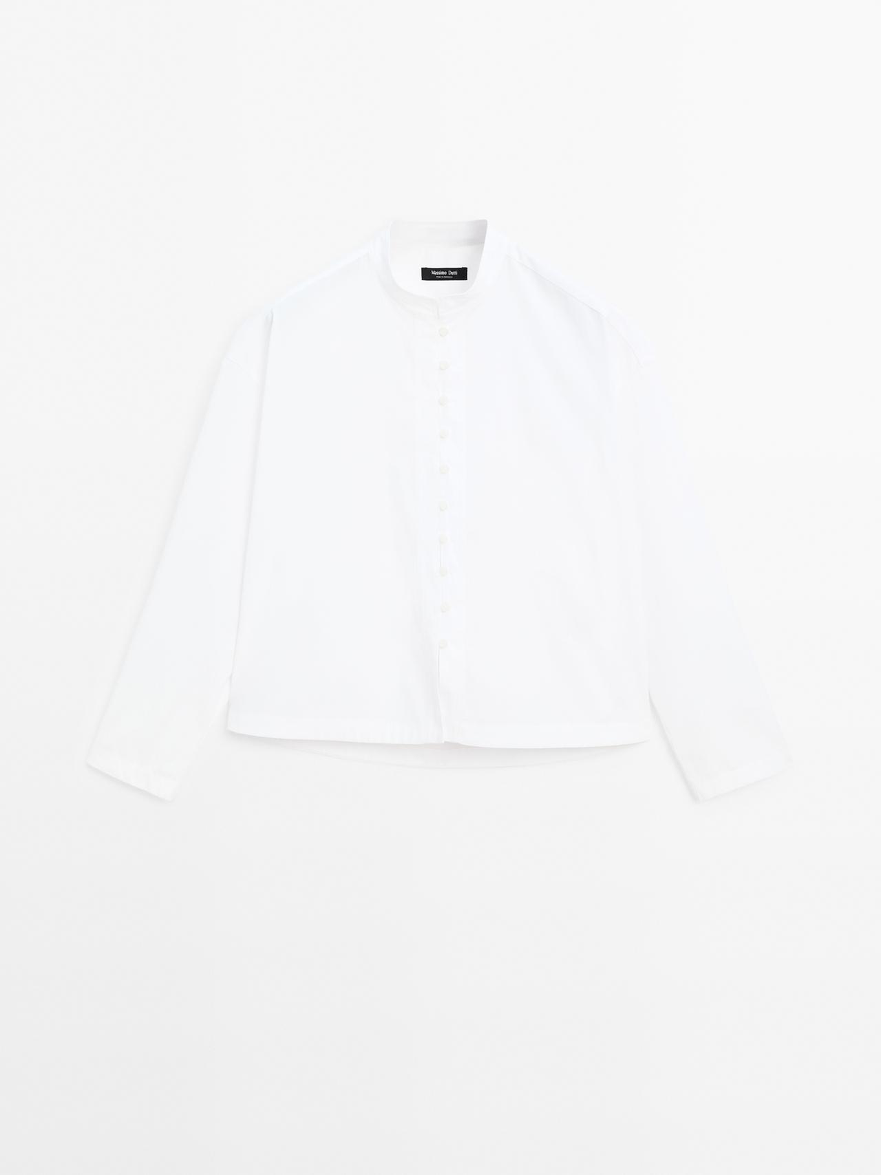 Massimo Dutti - Dame - Skjorte I Poplin Med Knappet Lukning Og Ståkrave - Hvid - M