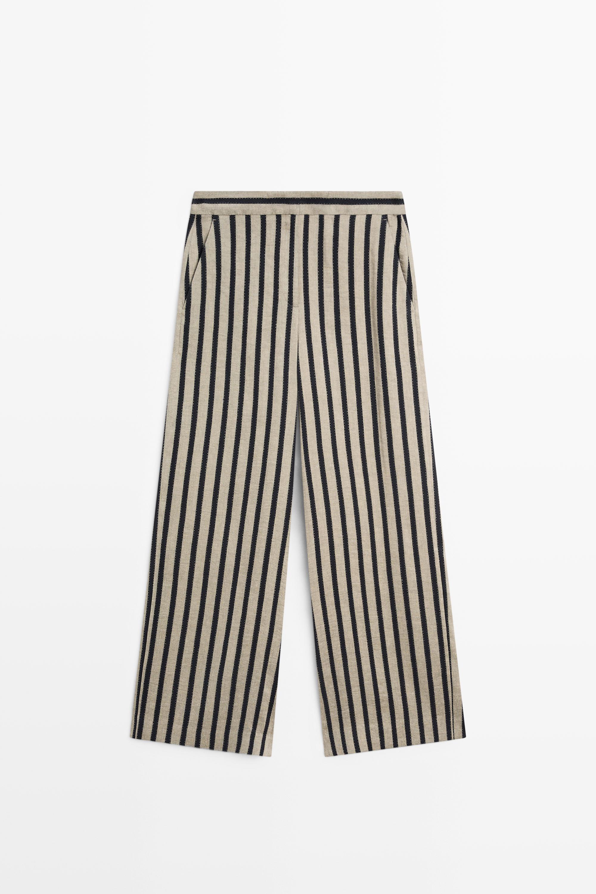Striped linen blend wide-leg trousers — SAND