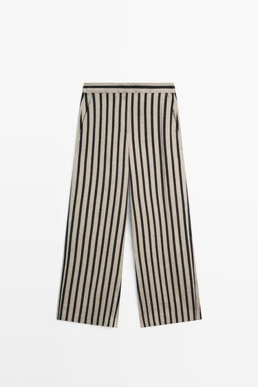 Striped linen blend wide-leg trousers — SAND 2