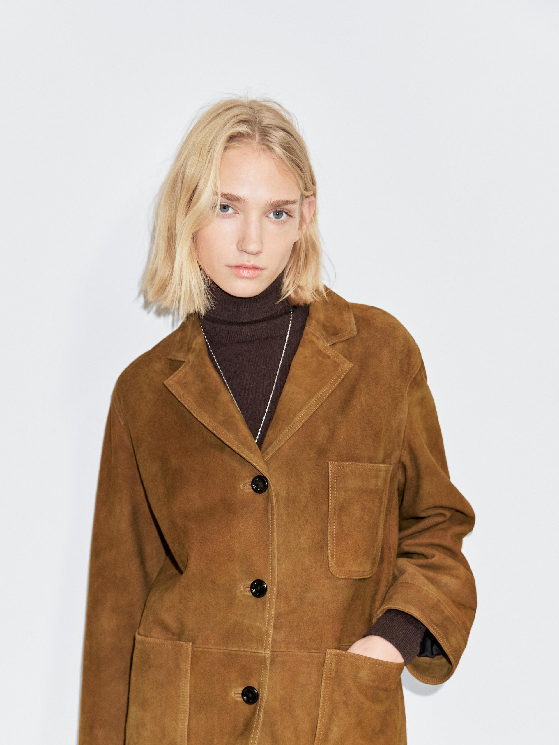 Marynarka Z Zamszowej Skóry Z Kieszeniami - Wielbłądzi - Xs - Massimo Dutti - Kobieta