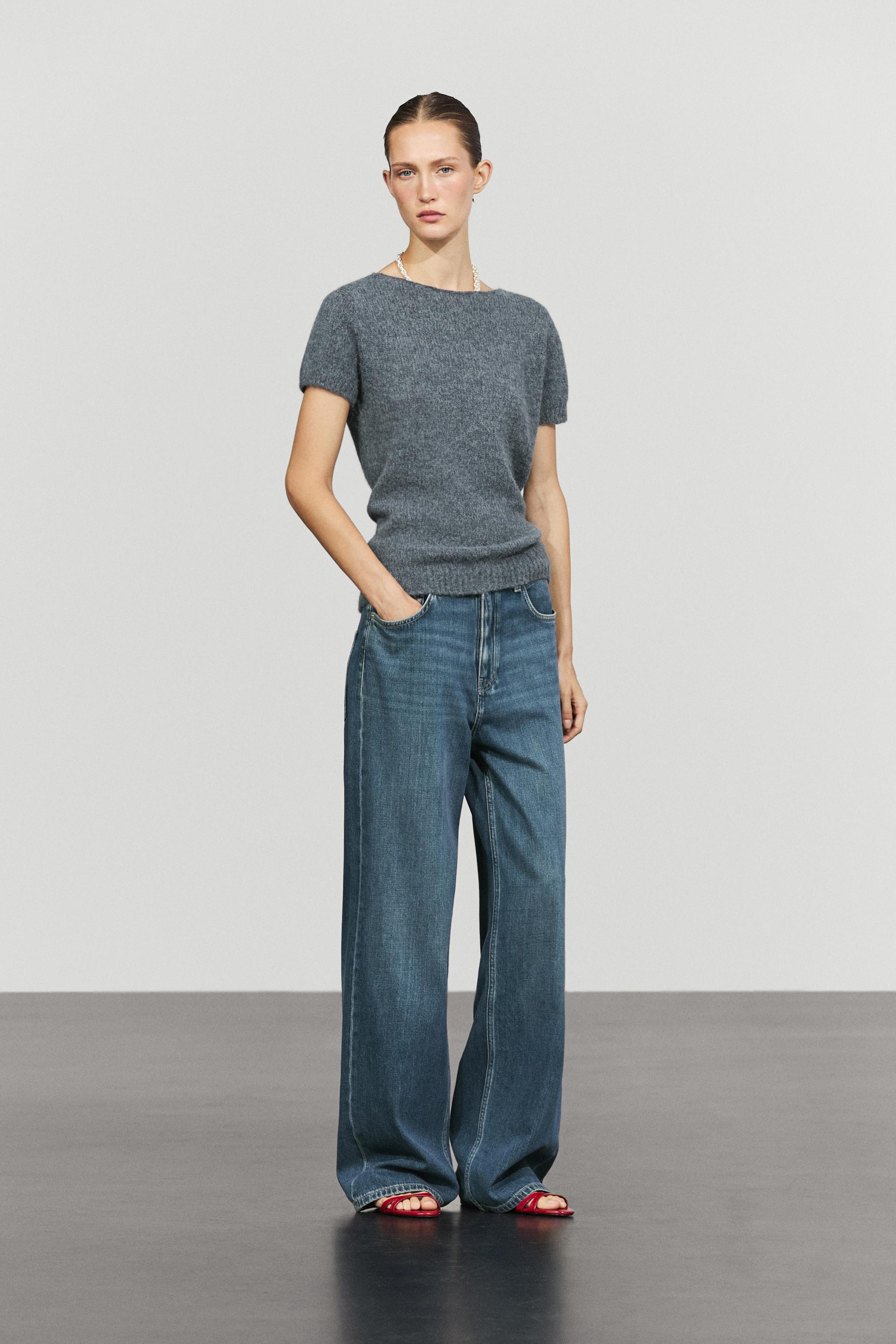 Short sleeve alpaca blend knit sweater — GREY BLUE