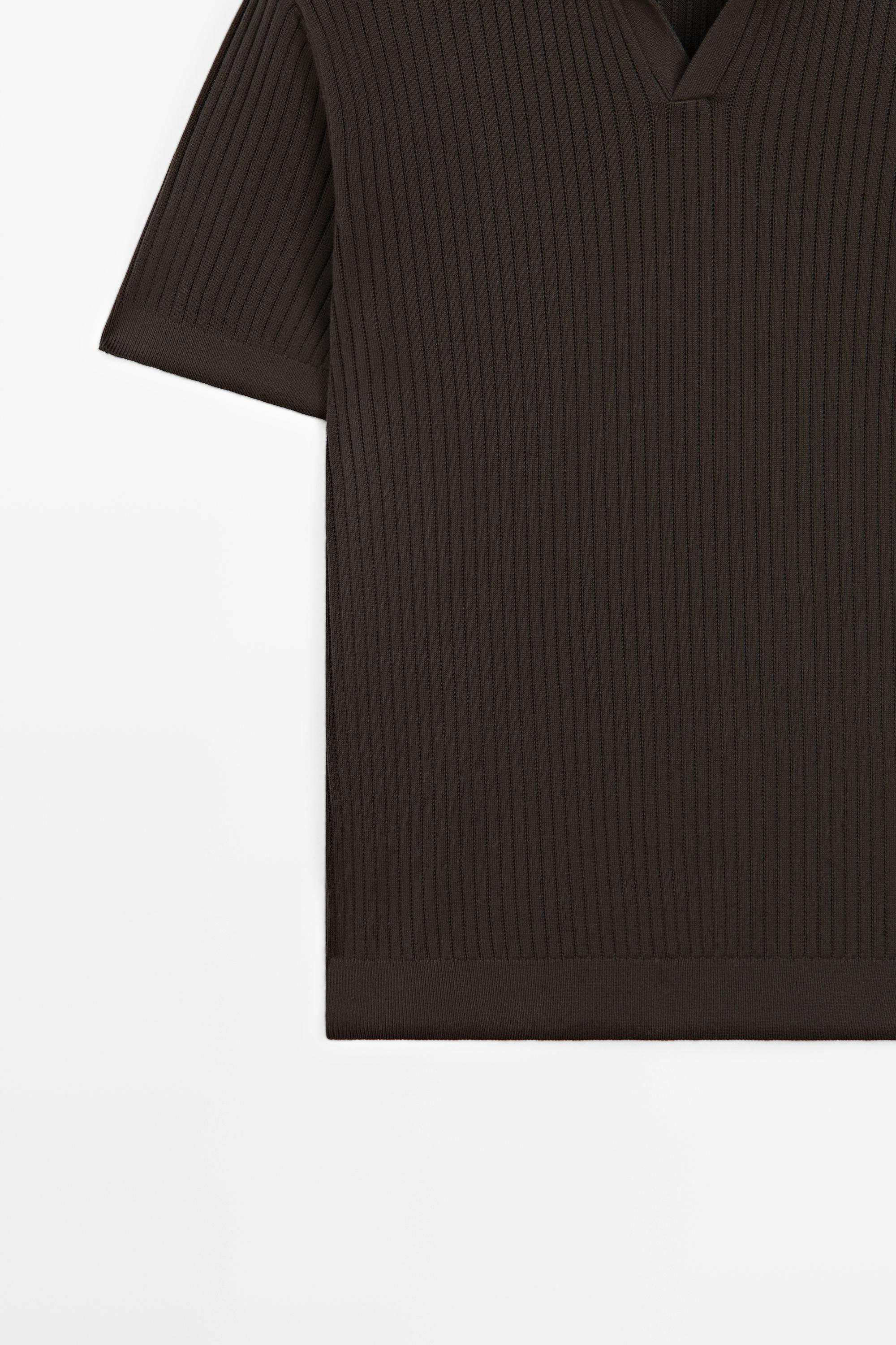 100% cotton ribbed knit polo sweater — BROWN MARL
