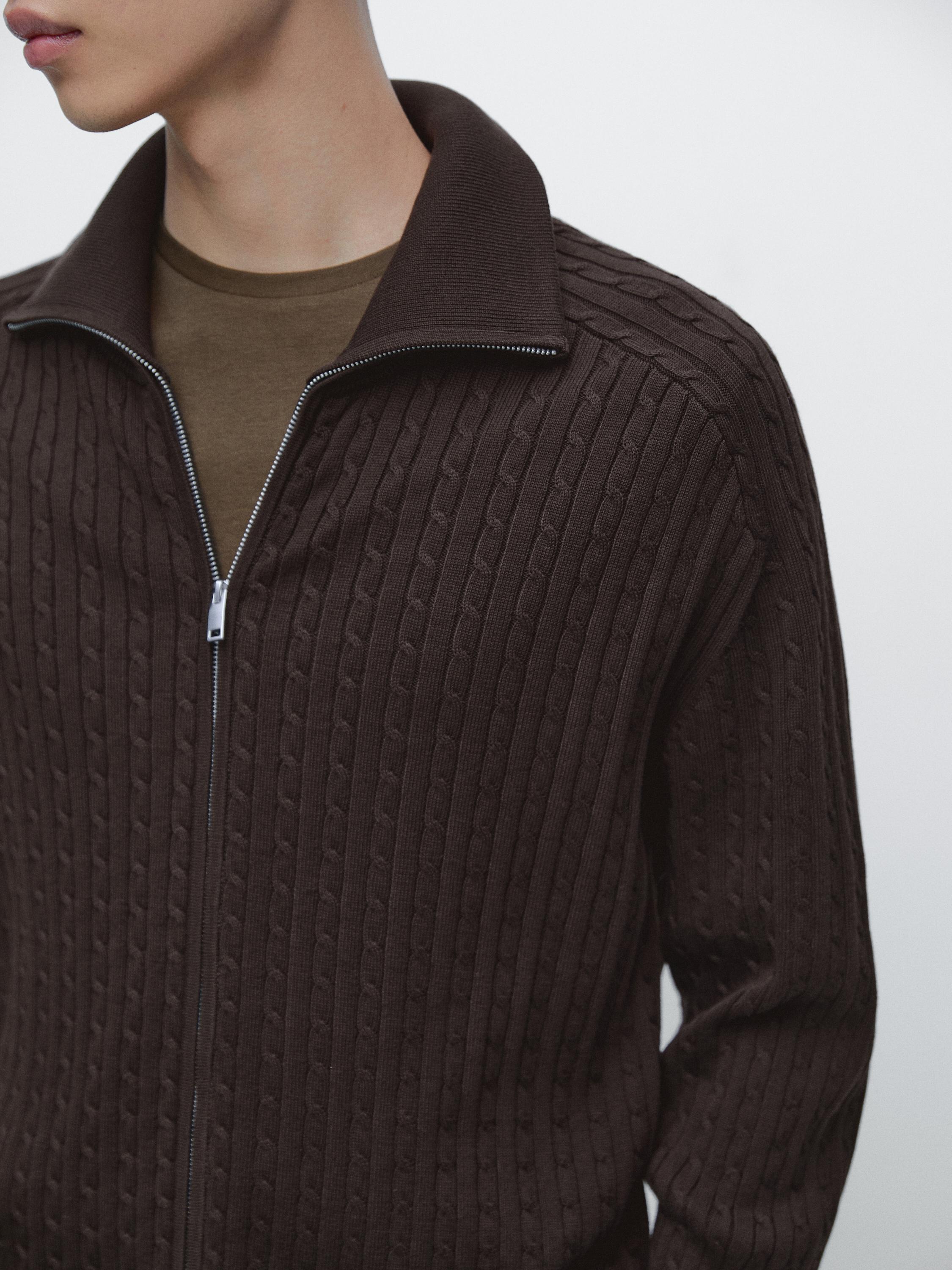 Cotton cable-knit cardigan with zip — BROWN MARL