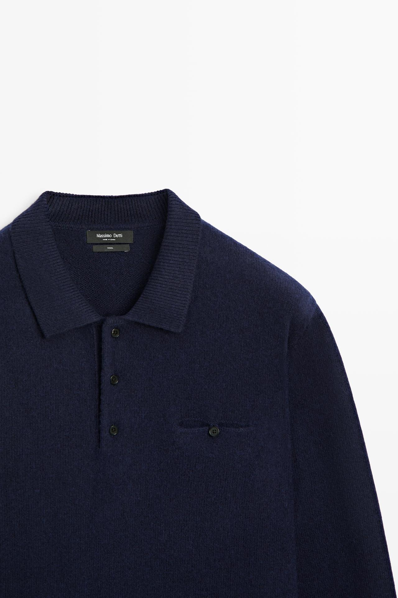 100% wool knit polo collar sweater — Dark Blue