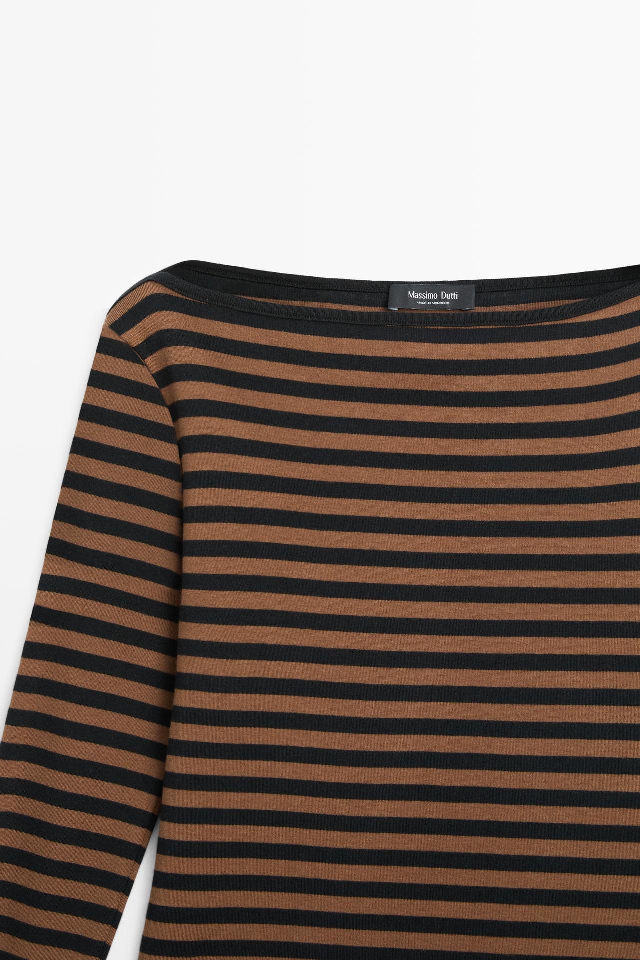 100% cotton striped boat neck T-shirt — MOLE BROWN