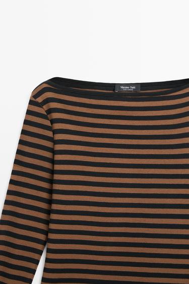 100% cotton striped boat neck T-shirt — MOLE BROWN 4