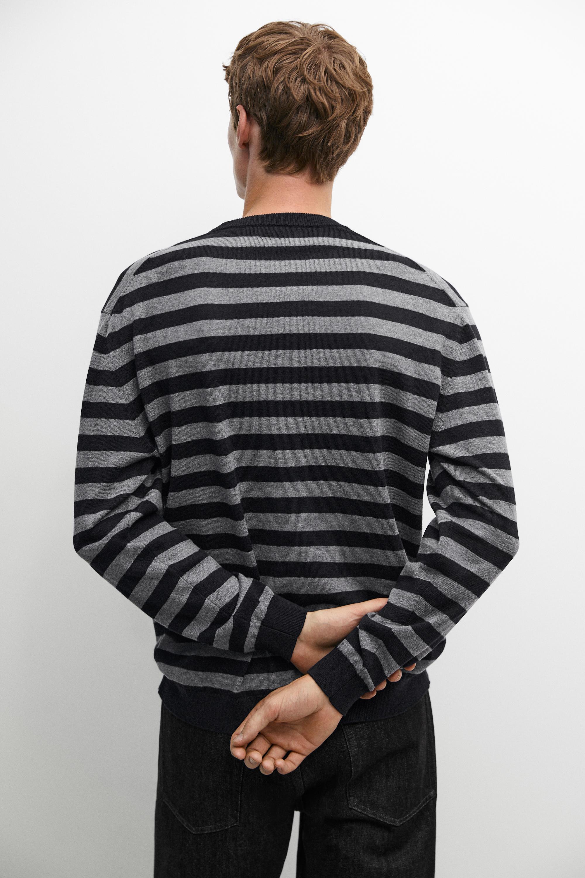 Cotton blend striped knit sweater — NAVY BLUE