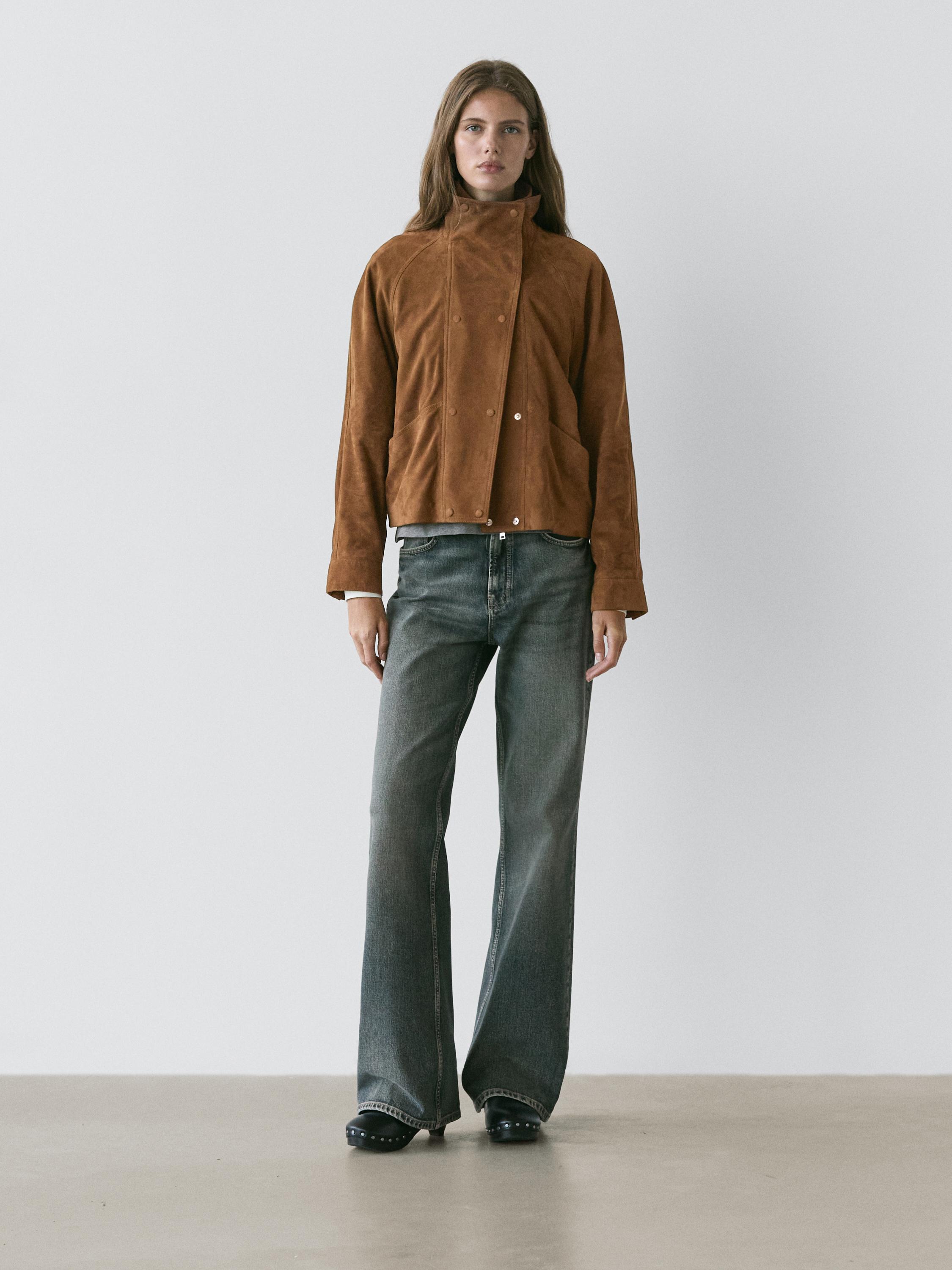 Blouson boutons fantaisie en cuir finition daim