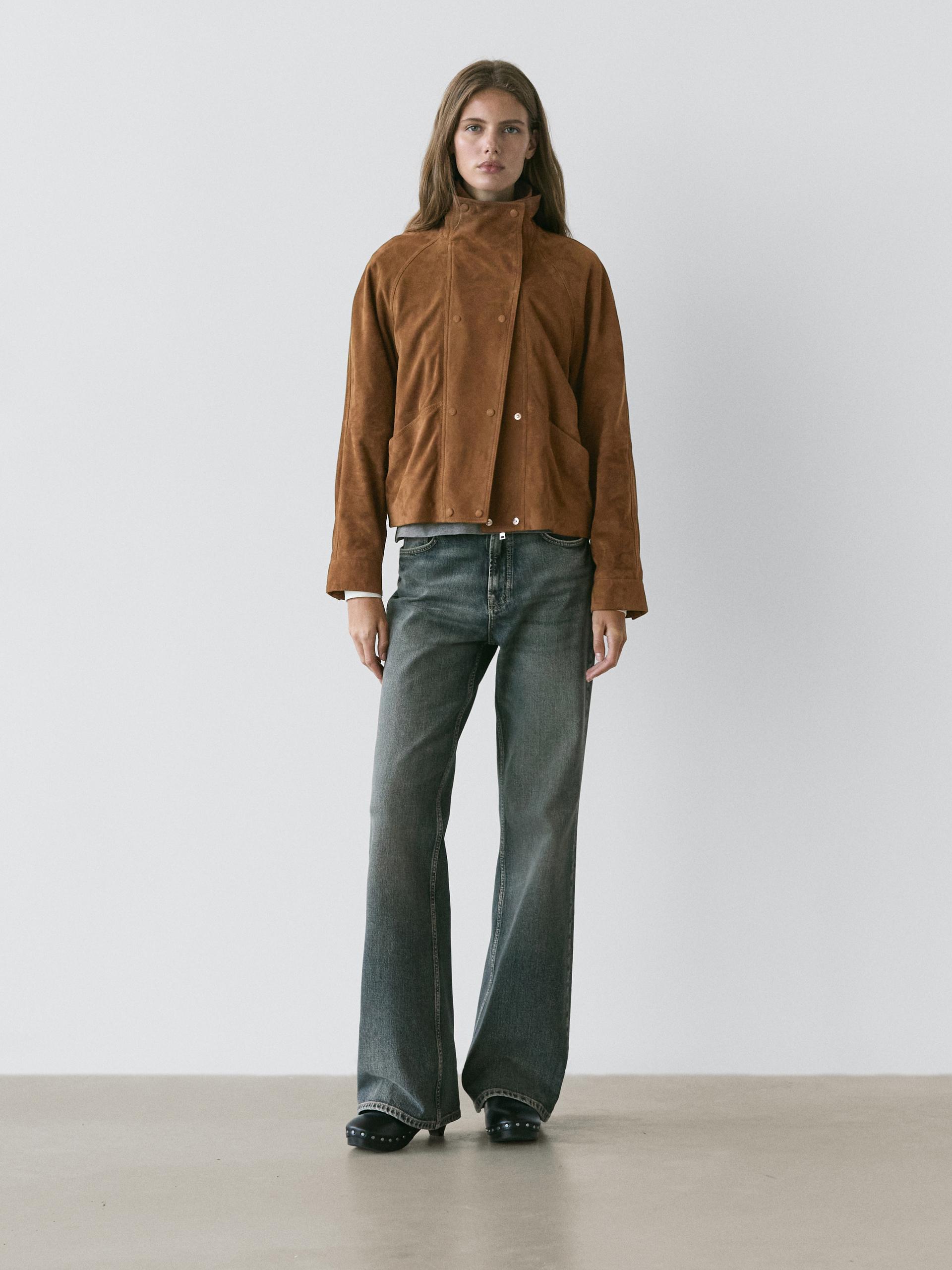 Cazadora Detalle Botones Piel Ante - Camel - Xs - Massimo Dutti - Mujer