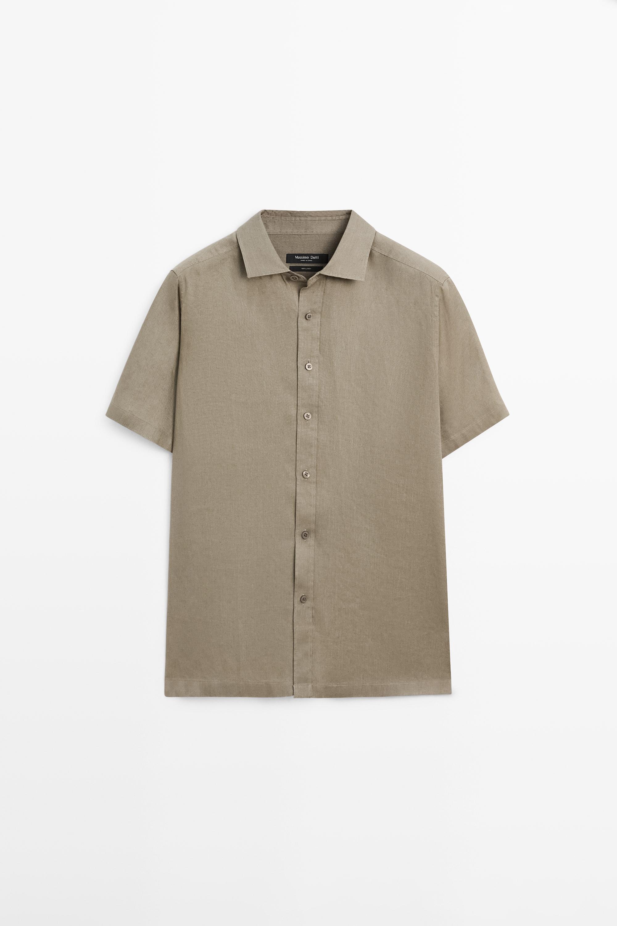 100% linen regular fit short sleeve shirt — SAND