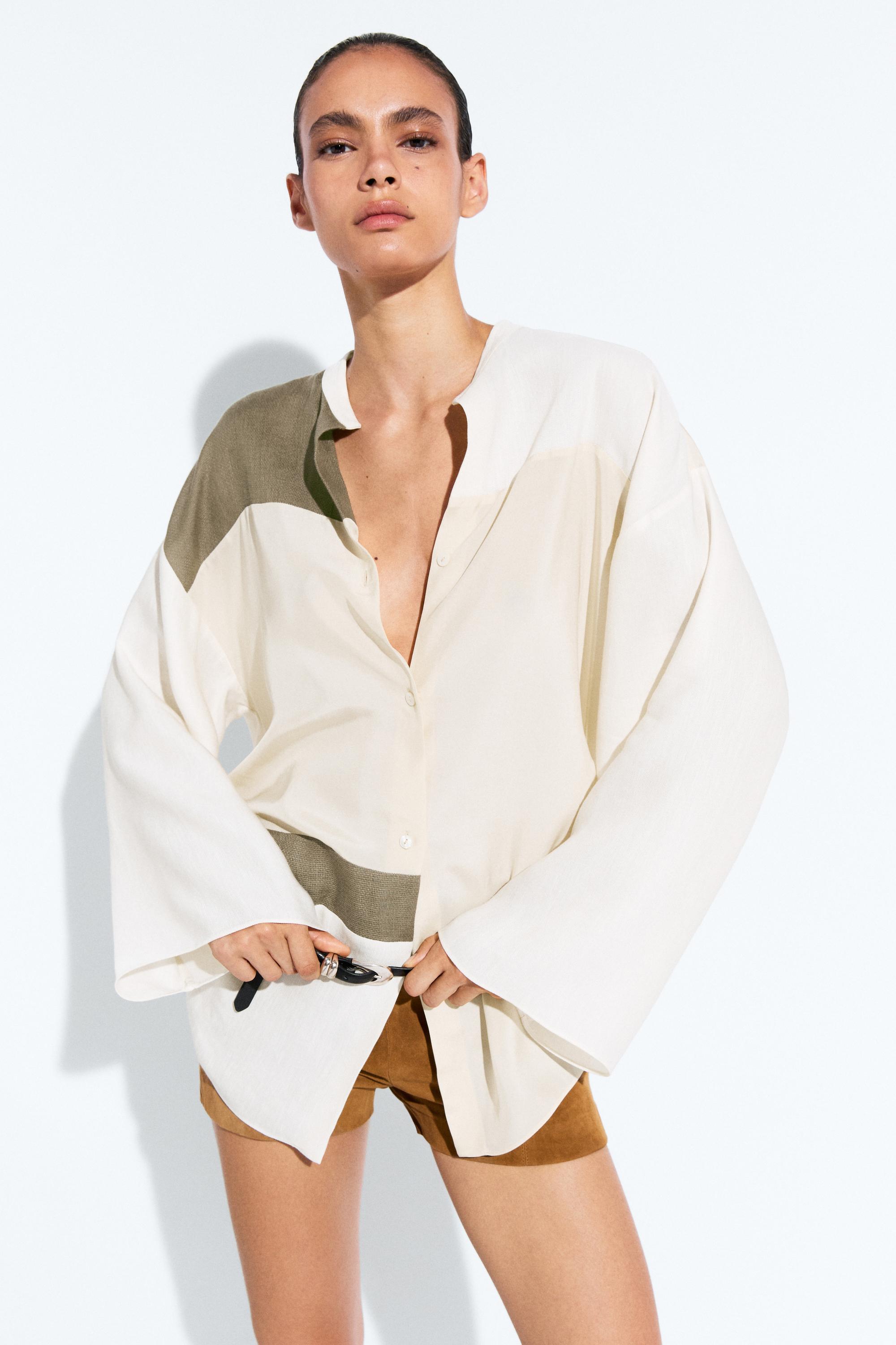 Flowing patchwork shirt with stand-up collar