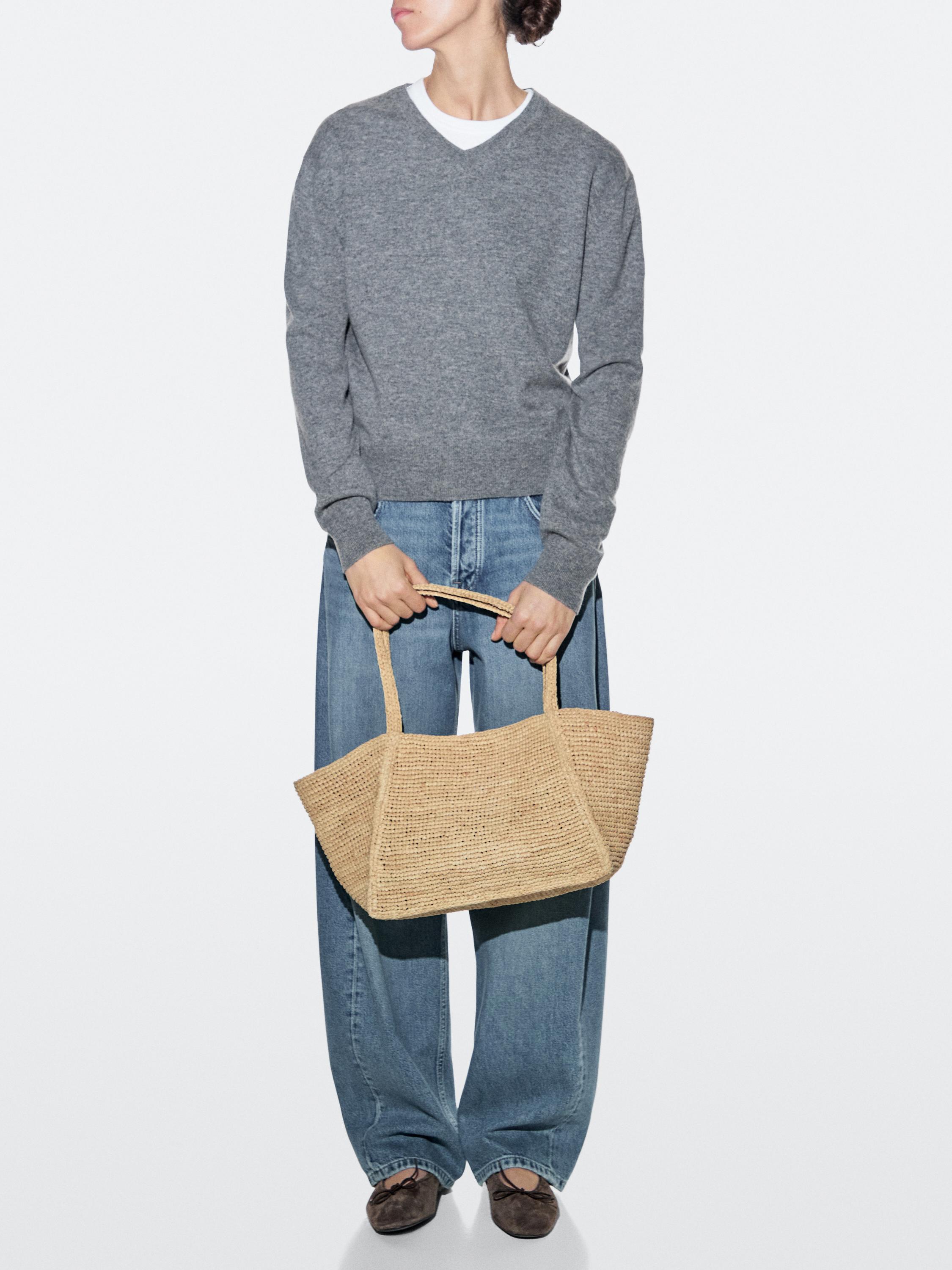 100% raffia mid-sized tote bag — BEIGE