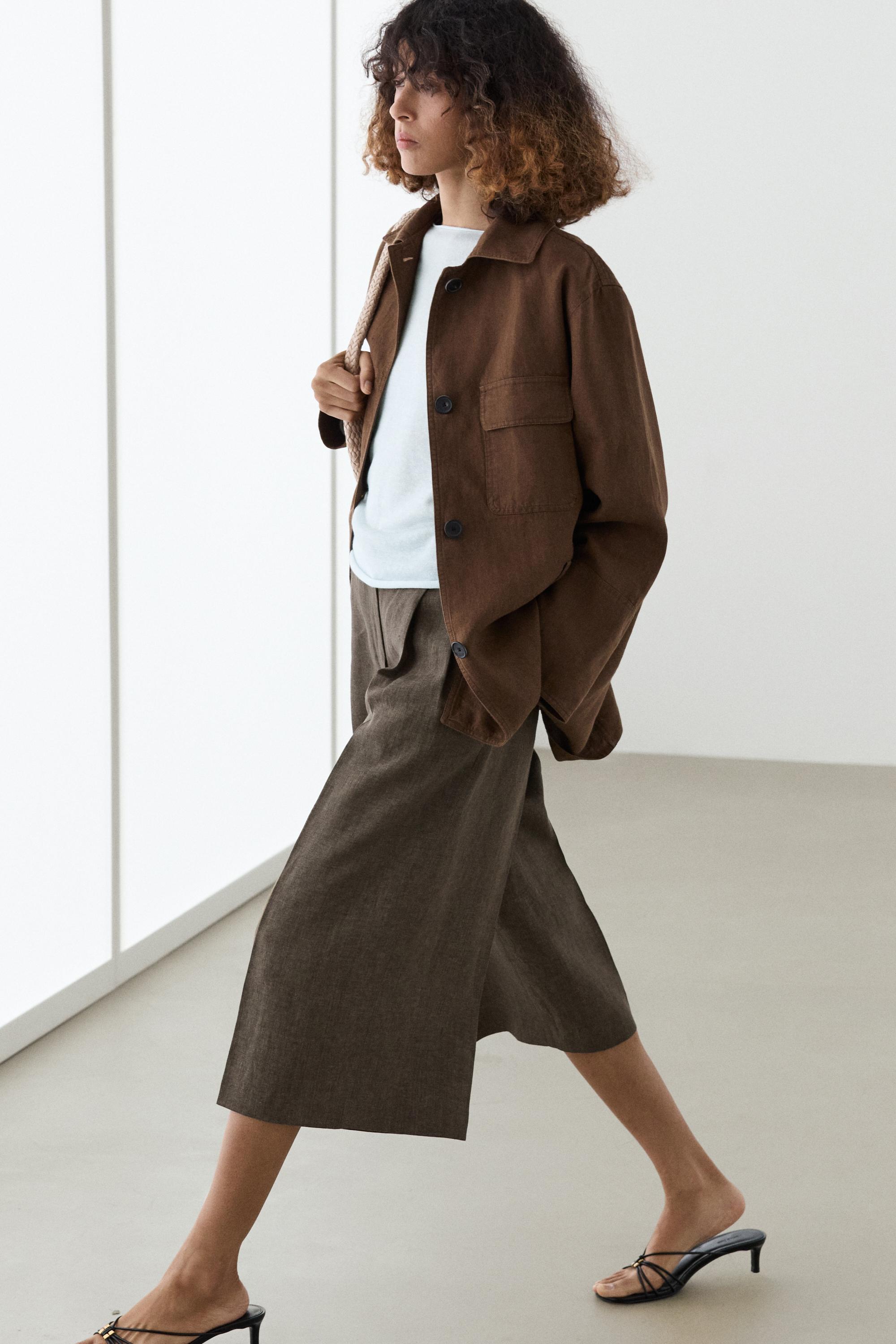100% linen blazer with pockets and belt detail — BROWN