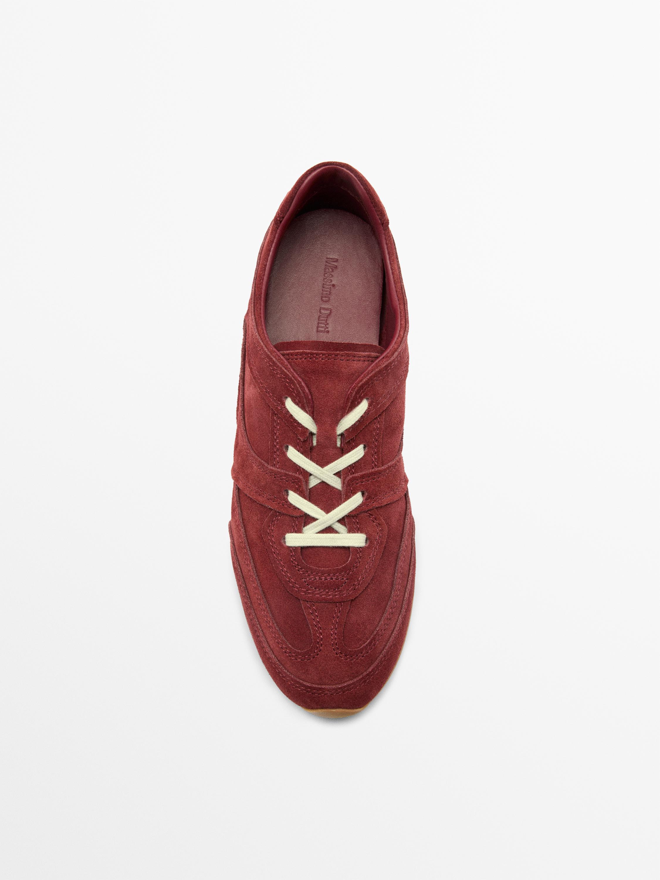 Split leather trainers with piece details — RED