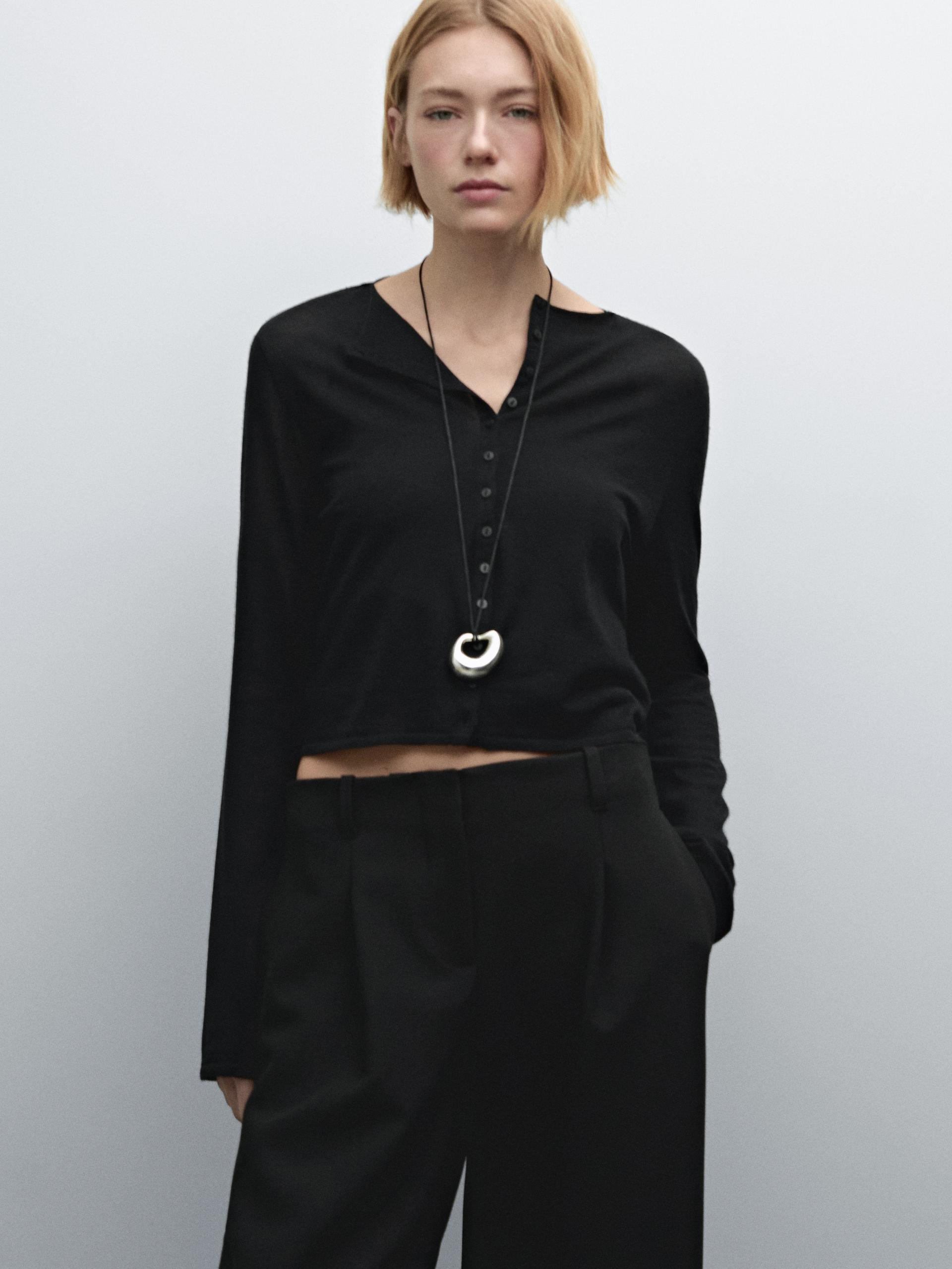 Pantalón Tiro Medio Fluido Detalle Hebillas - Negro - 38 - Massimo Dutti - Mujer