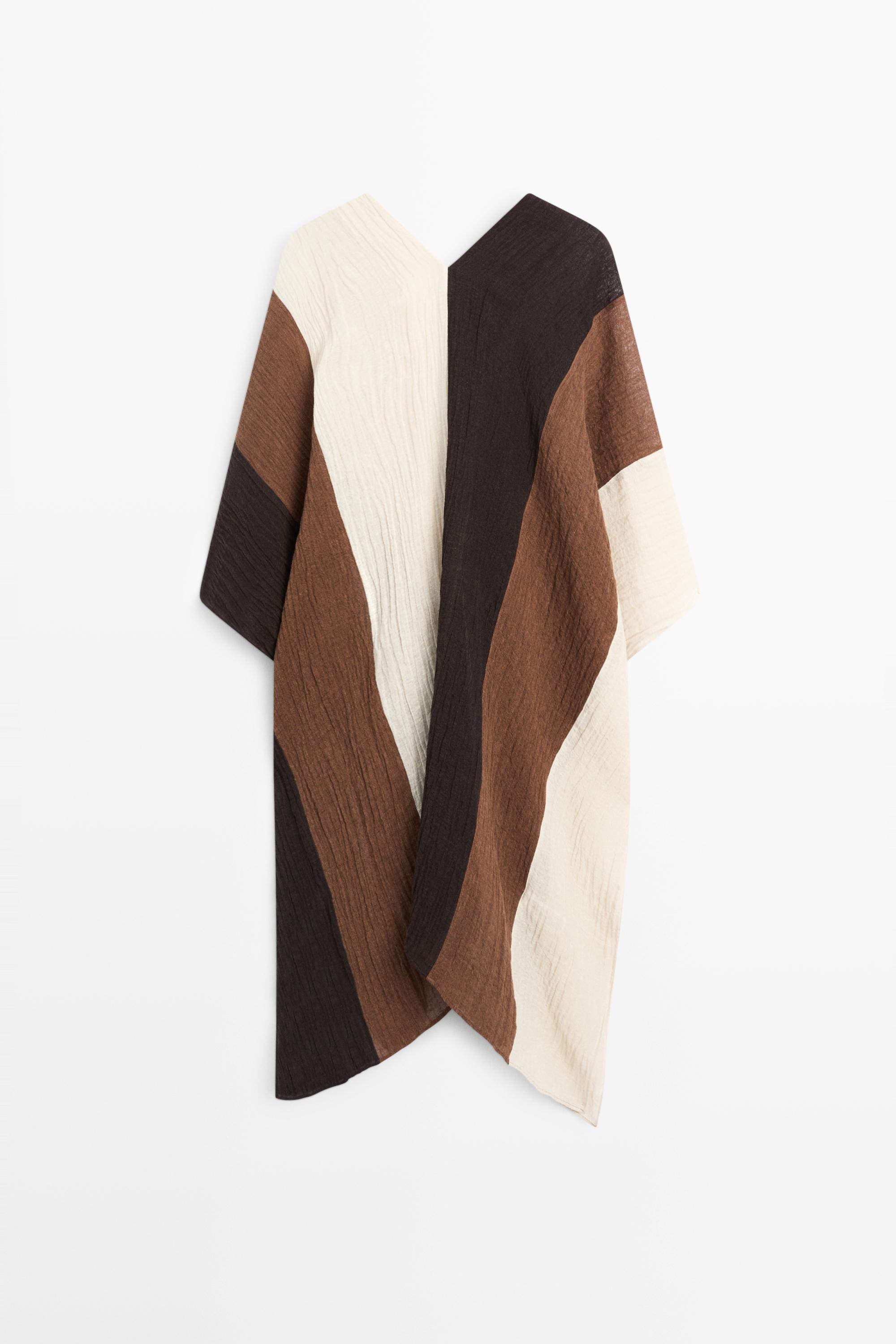 Textured tricolor linen blend kaftan — BROWN