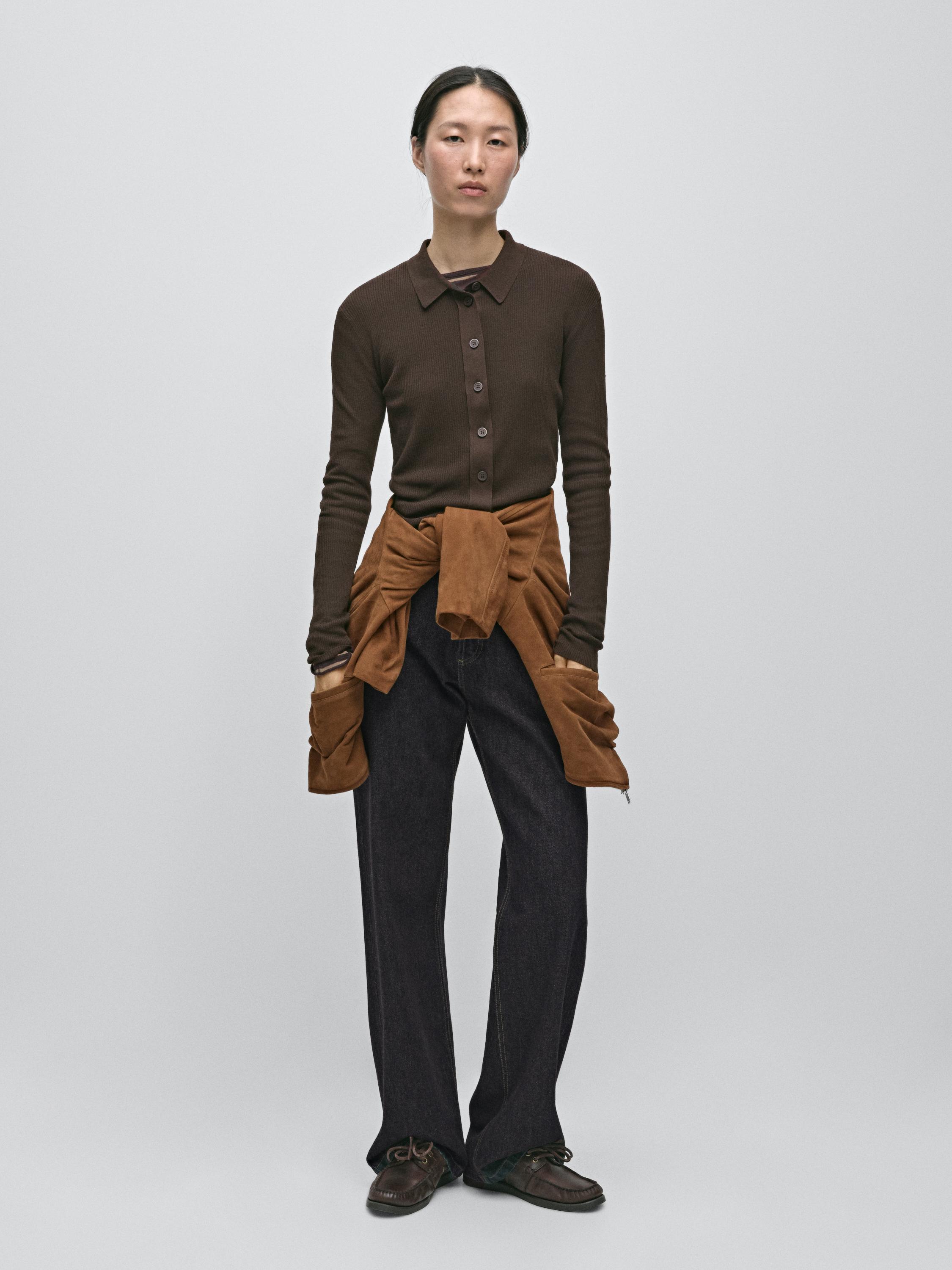 Knit cardigan with polo collar