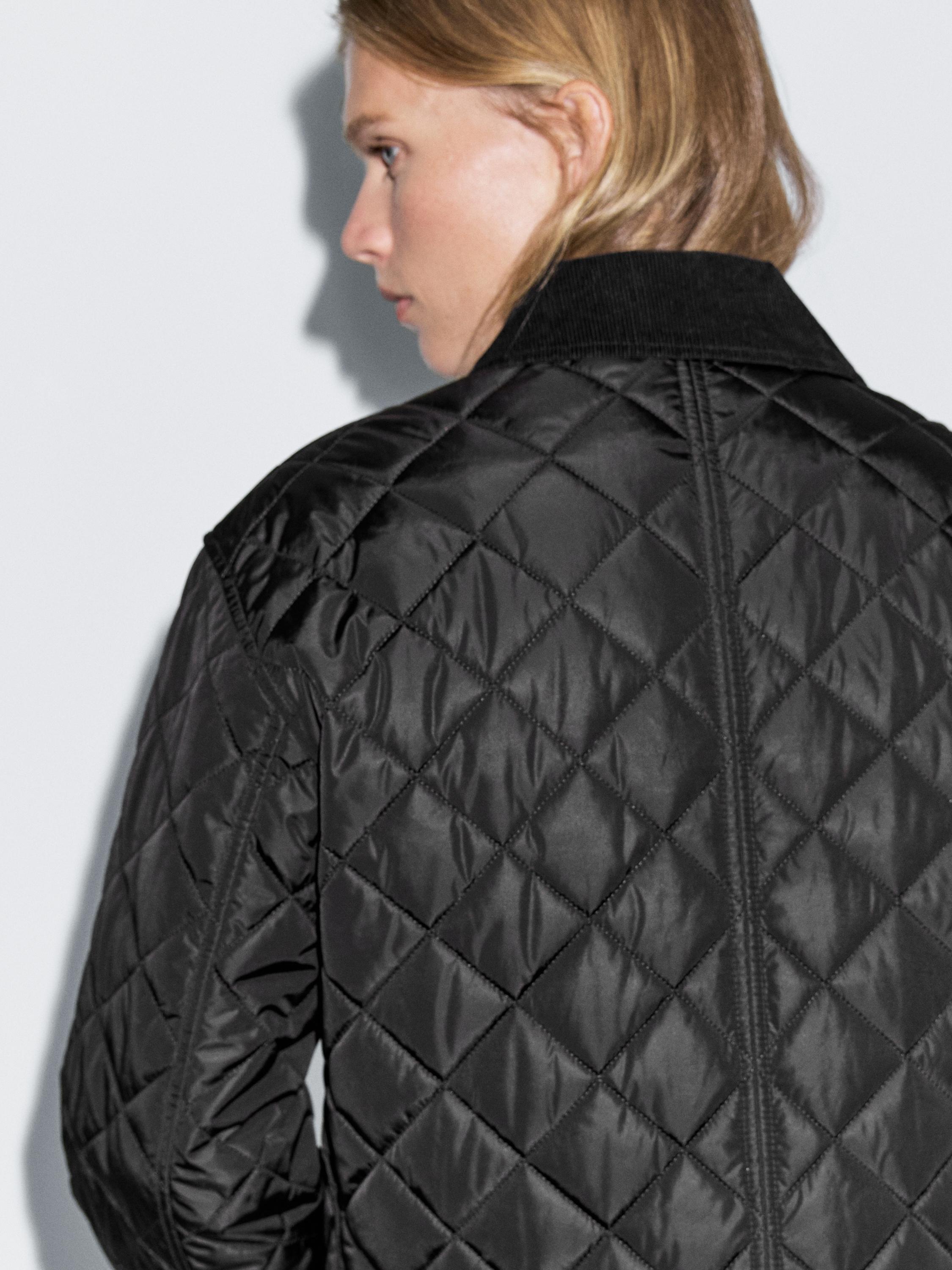 Short lightweight puffer jacket with corduroy detail