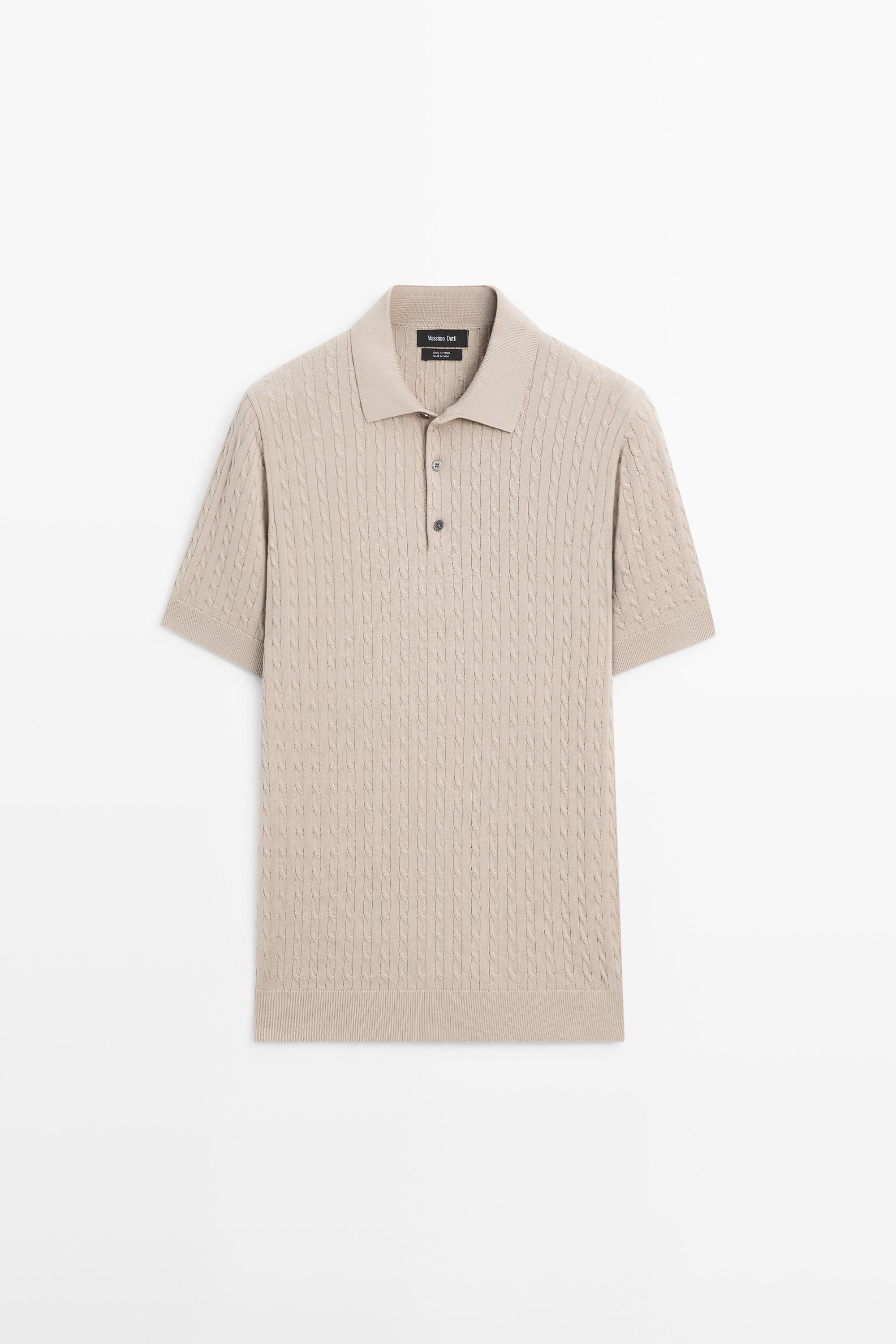 100% cotton cable-knit polo shirt — Sand beige