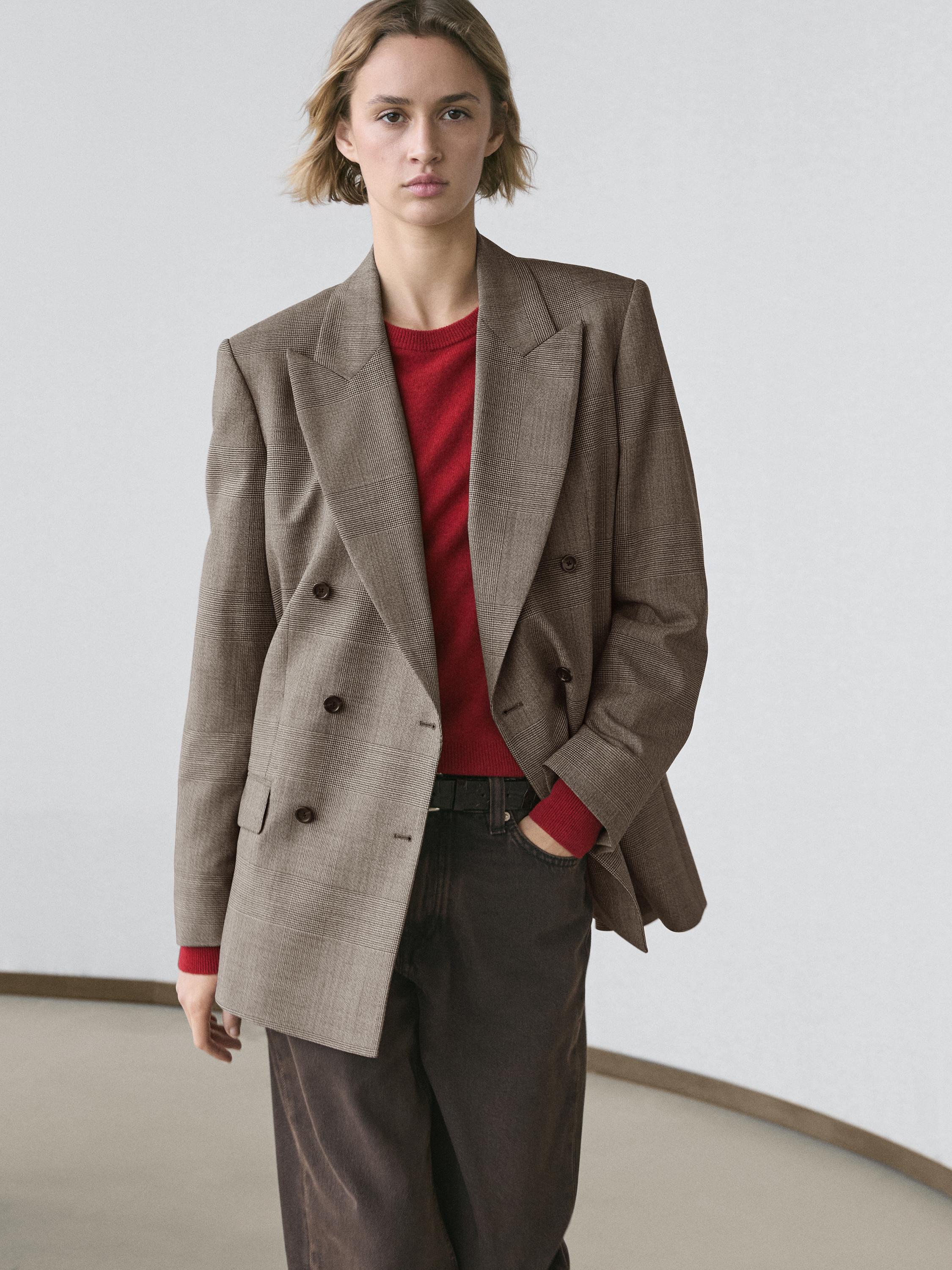 100% wool check suit blazer — BEIGE